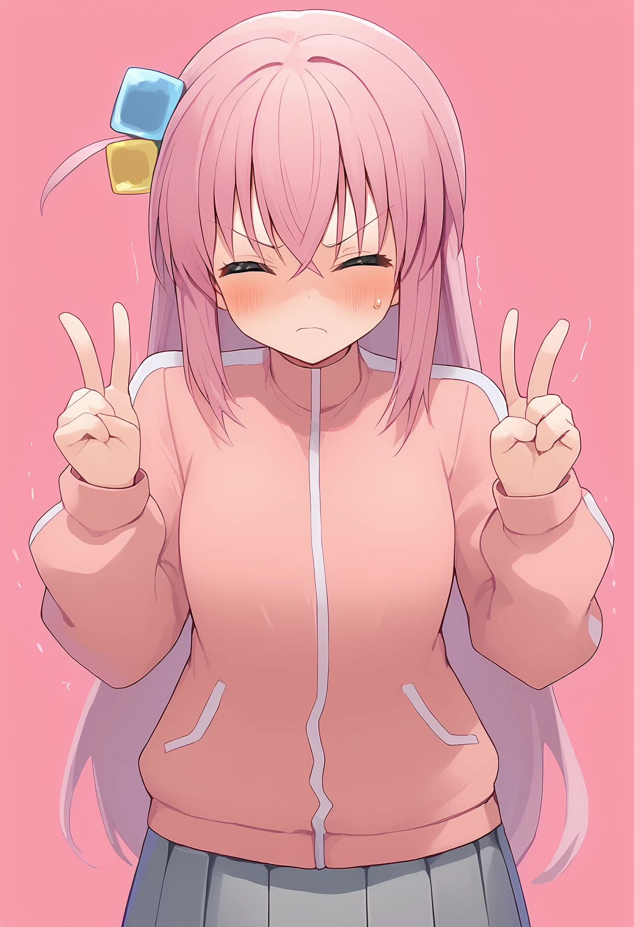 1girl,
gotoh hitori,
cube hair ornament, solo, one side up, hair between eyes, v-shaped eyebrows, track jacket, puff of air, closed eyes, grey skirt, blush, clenched hands, crossed bangs, jacket, angry, hair ornament, closed mouth, pink background, skirt, simple background, frown, v, pleated skirt, sidelocks, >_<, sweat, hands up, trembling, very long hair, pink jacket, long sleeves, cowboy shot, double v, long hair,
score_9, sfw
<lora:pony_char_gotoh_hitori-000005:1>