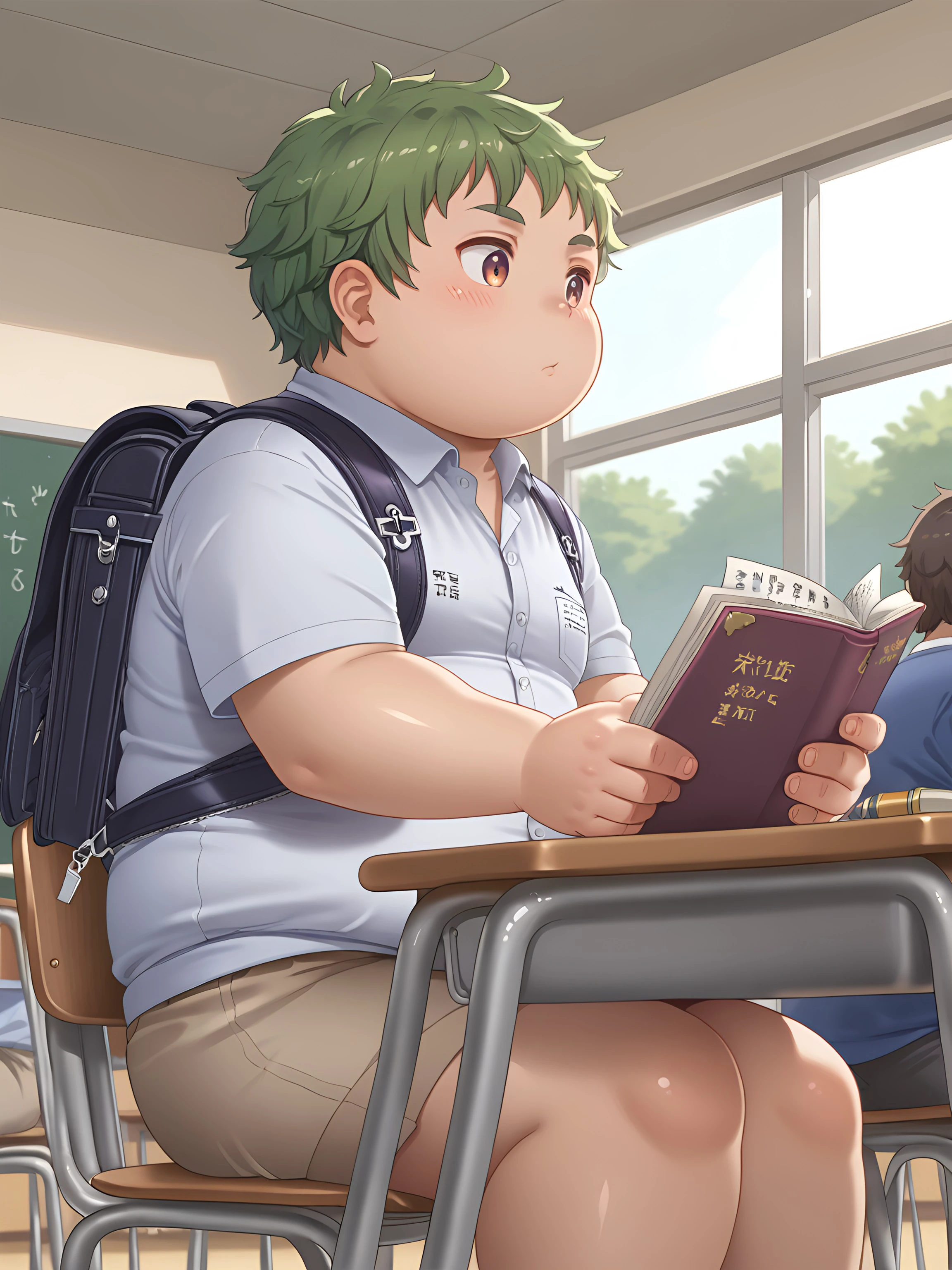 tamayuy0 art,1boy,sitting, in classroom, looking a far, from below,green hair,shirt, short,cute,writing,score_9, score_7_up,sfw,plump,fat,studying,backpack,side view,