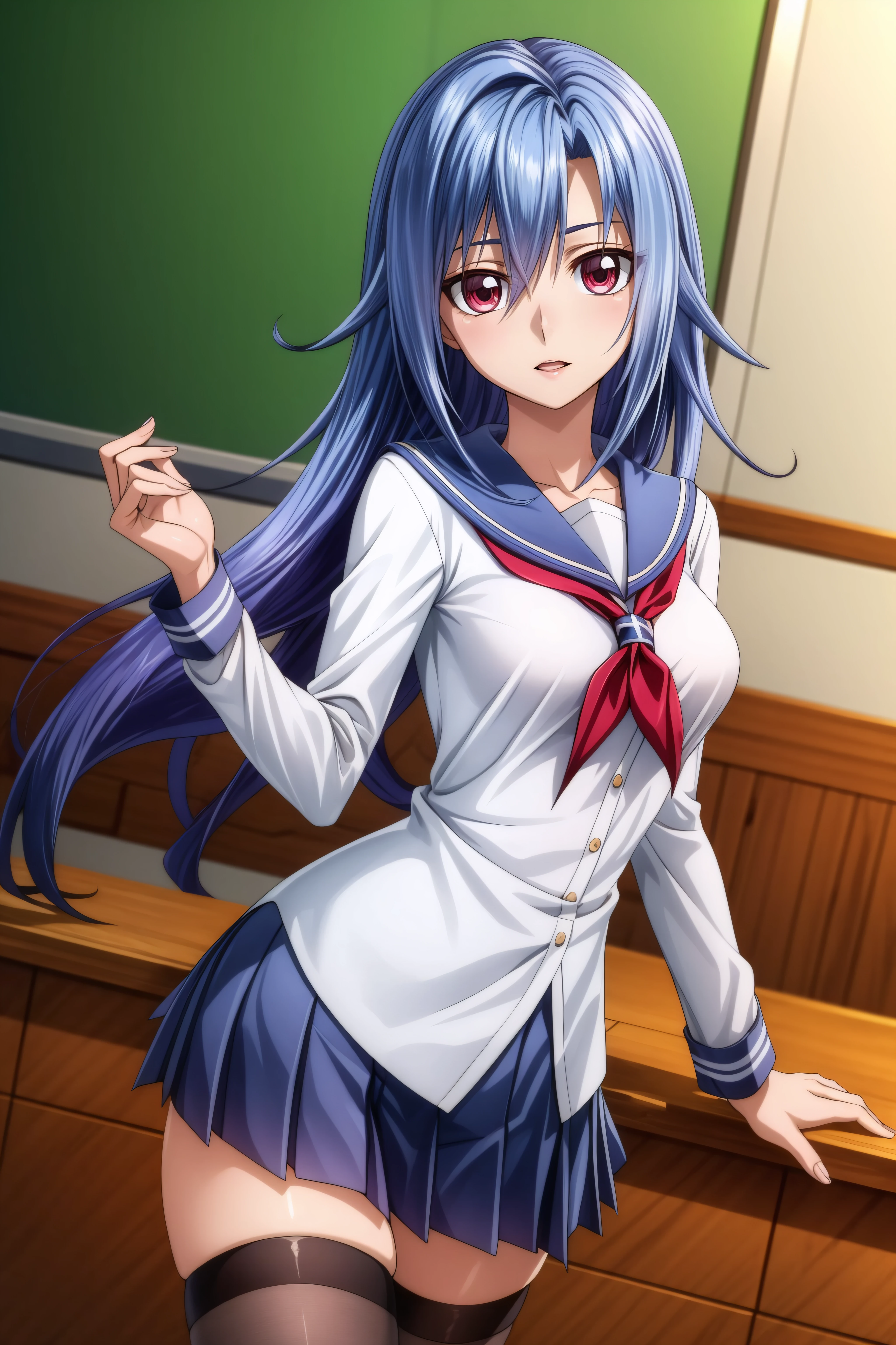 (masterpiece, best quality), <lora:Rio Kamishiro-lora-Faxtron:0.8> rio kamishiro, red eyes, blue hair, long hair, dyed bangs, medium breasts, school uniform, shirt, long sleeves, black thighhighs,
<lora:add_detail:0.8>