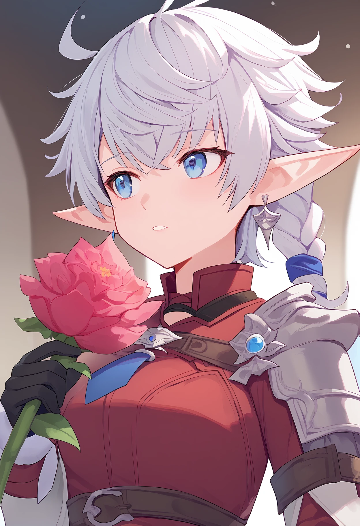 1girl,
alisaie leveilleur,
elezen, upper body, fur trim, armor, earrings, teeth, jacket, bow, black gloves, braided ponytail, elf, hair ribbon, solo, jewelry, ribbon, shoulder armor, shirt, blue ribbon, parted lips, pink flower, gloves, flower, red shirt, looking to the side, holding flower, red flower, braid, pointy ears, blue eyes, white hair, upper teeth only, holding,
score_9, sfw
<lora:pony_char_alisaie_leveilleur-000008:1>