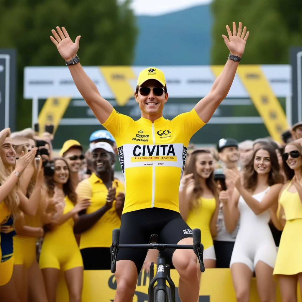 cinematic photo tom cruise, arms up , baseball cap, bike shorts, yellow sportwears, with multiple girls, on a podium  (((text ''CIVITAI'')))<lora:TourdeFrance1024:0.8> . 35mm photograph, film, bokeh, professional, 4k, highly detailed