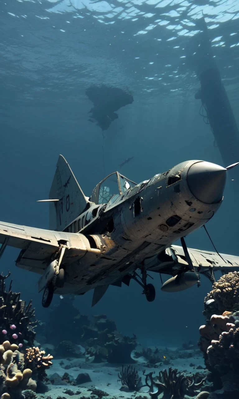 fighter plane ruins, messy and broken battlefields, and metal wreckage can be seen everywhere, buried under the sea,