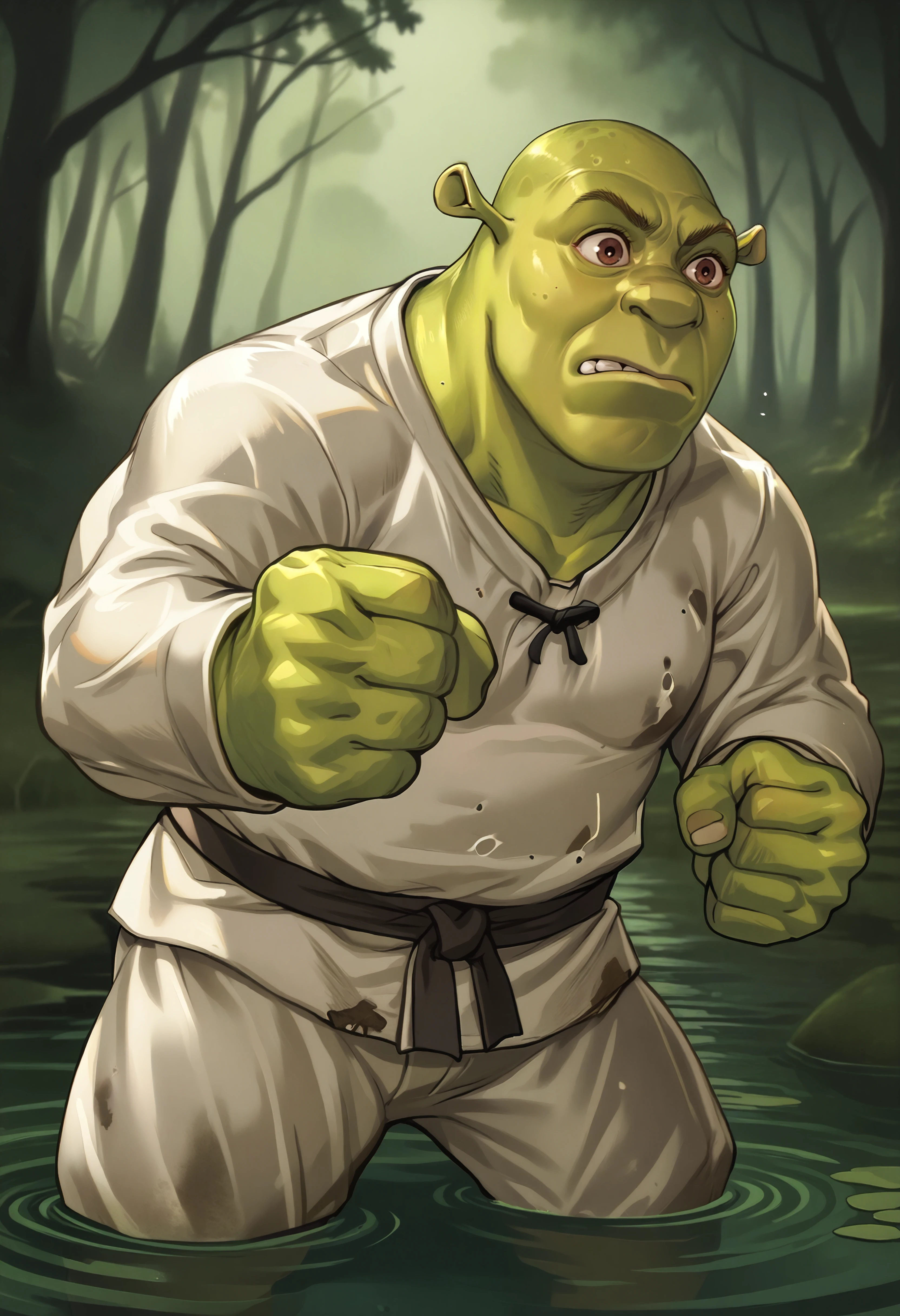 score_9, score_7_up BREAK 1boy,male focus,swamp,shrek, green skin,muscular male,karate gi,clenched hands,brown eyes <lora:mikel4hands_pd:1> <lora:Shrek_XLPD:0.8>