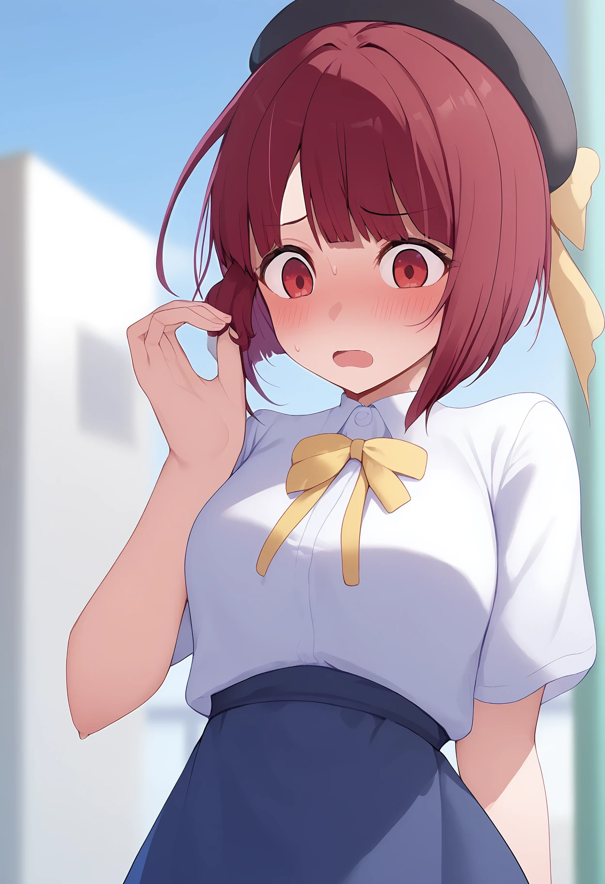 1girl,
arima kana,
bob cut, looking at viewer, inverted bob, blush, embarrassed, solo, blue dress, surprised, red eyes, sky, holding, standing, dress, holding clothes, beret, holding hat, ribbon, school uniform, black hat, sweat, :o, blue sky, blurry background, red hair, shirt, hat, yellow ribbon, blurry, hat ribbon, open mouth, unworn headwear, neck ribbon, short hair, cowboy shot, white shirt,
score_9, sfw
<lora:pony_char_arima_kana-000011:1>