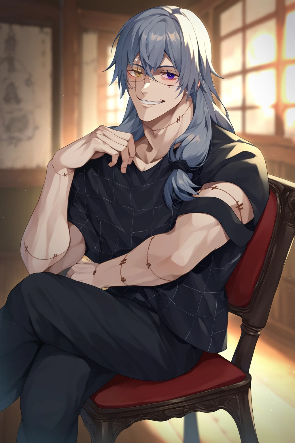 score_9, score_8_up, score_7_up, source_anime, highly detailed, novel illustration, wallpaper, beautiful details, mahito, 1boy, long hair, male focus, smile, looking at viewer, heterochromia, black shirt, stitches, scar, patchwork skin, black pants, sitting on chair, indoors,