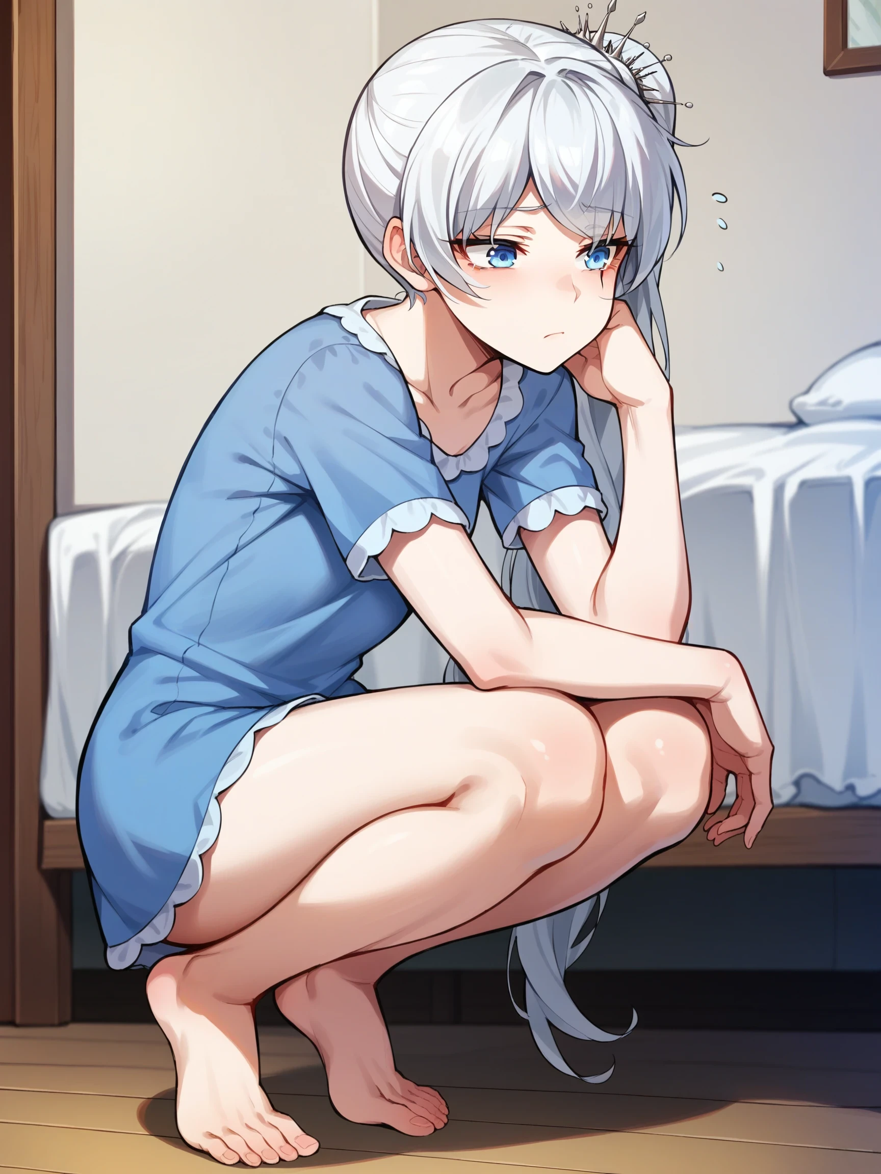 Squatting, Sleepy, Drooping eyelids, half-closed eyes, and a slightly dazed expression, indoors, WeissSchnee, 1girl, white hair, blue eyes, long hair, side ponytail, scar across eye, score_9, score_8_up, score_7_up, source_anime, Masterpiece,


, WeissPajamas, hair down, pajamas, short sleeves, nightgown, sleepwear, barefoot