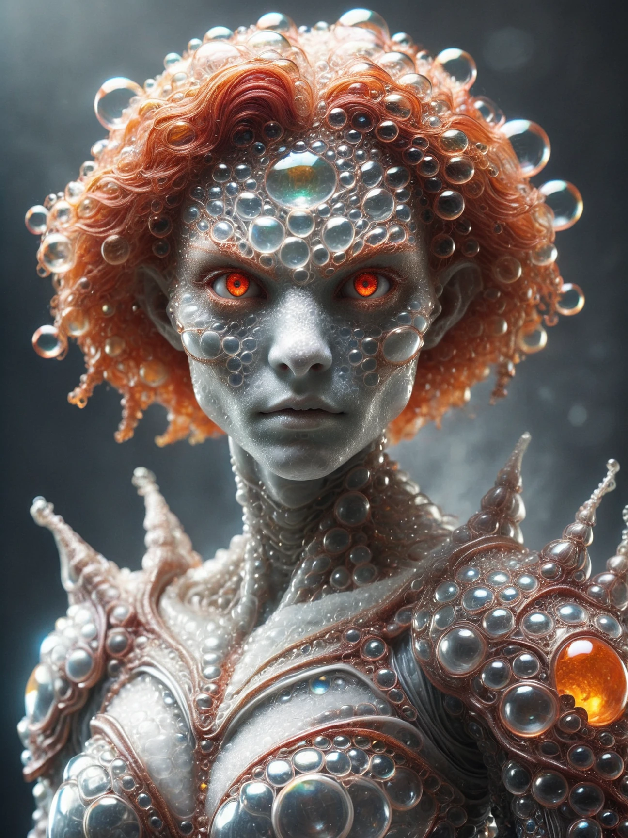 (Alien female:1.4), warrior, armored, metallic, fiery red hair, intense, eyes, (orange gem forehead), freckles, dark, background, ethereal, mysterious, fierce <lora:Bubbles_sdxl-000013:0.8> made_of_bubbles