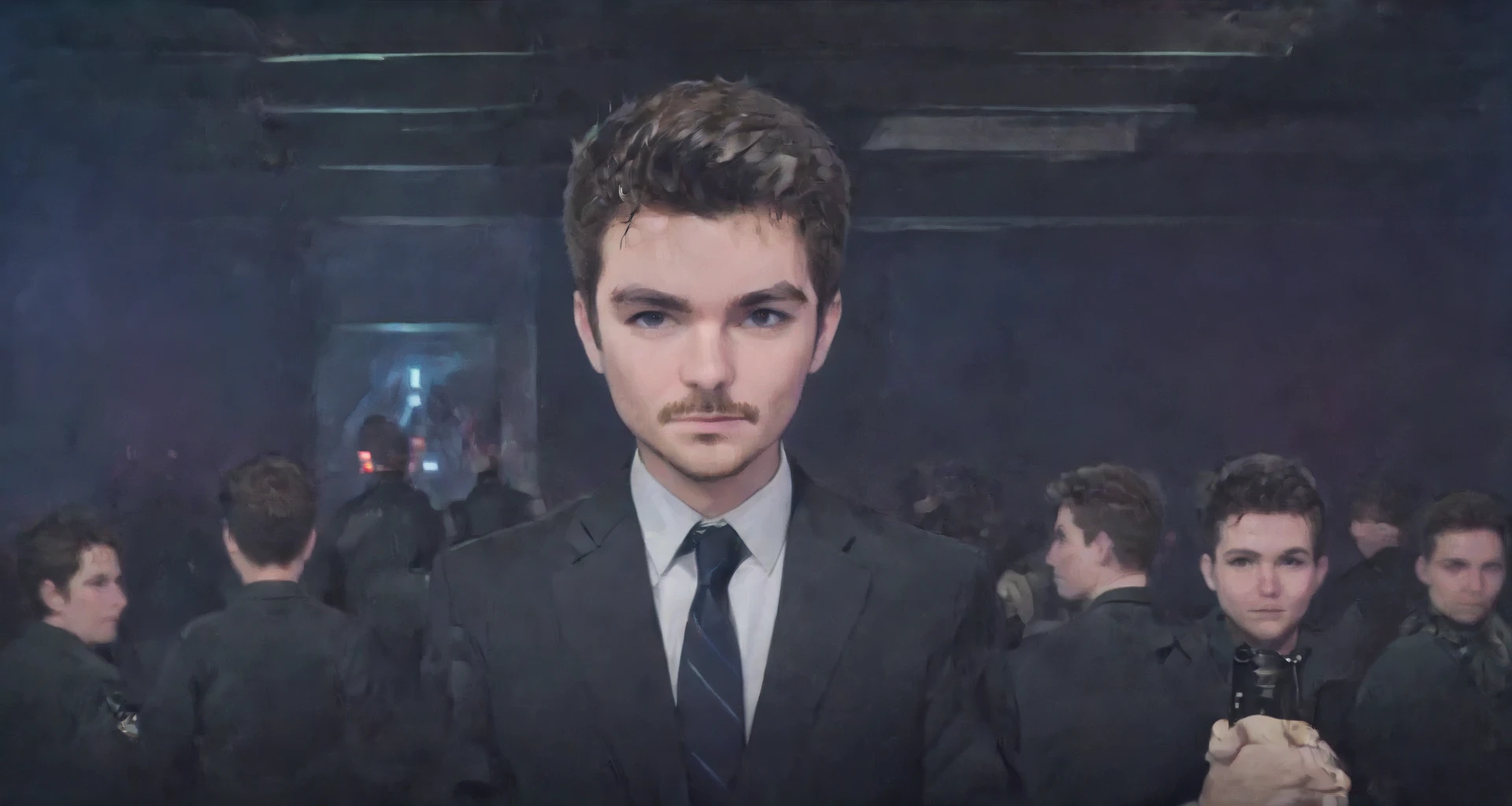 anime style, solid colors, sharp outline, flat shading, cyberpunk, scifi, side profile, Nick Fuentes with a mustache  in an underground club <lora:Nick_Fuentes:0.85>   <lora:20240704-1720095833344:0.6>