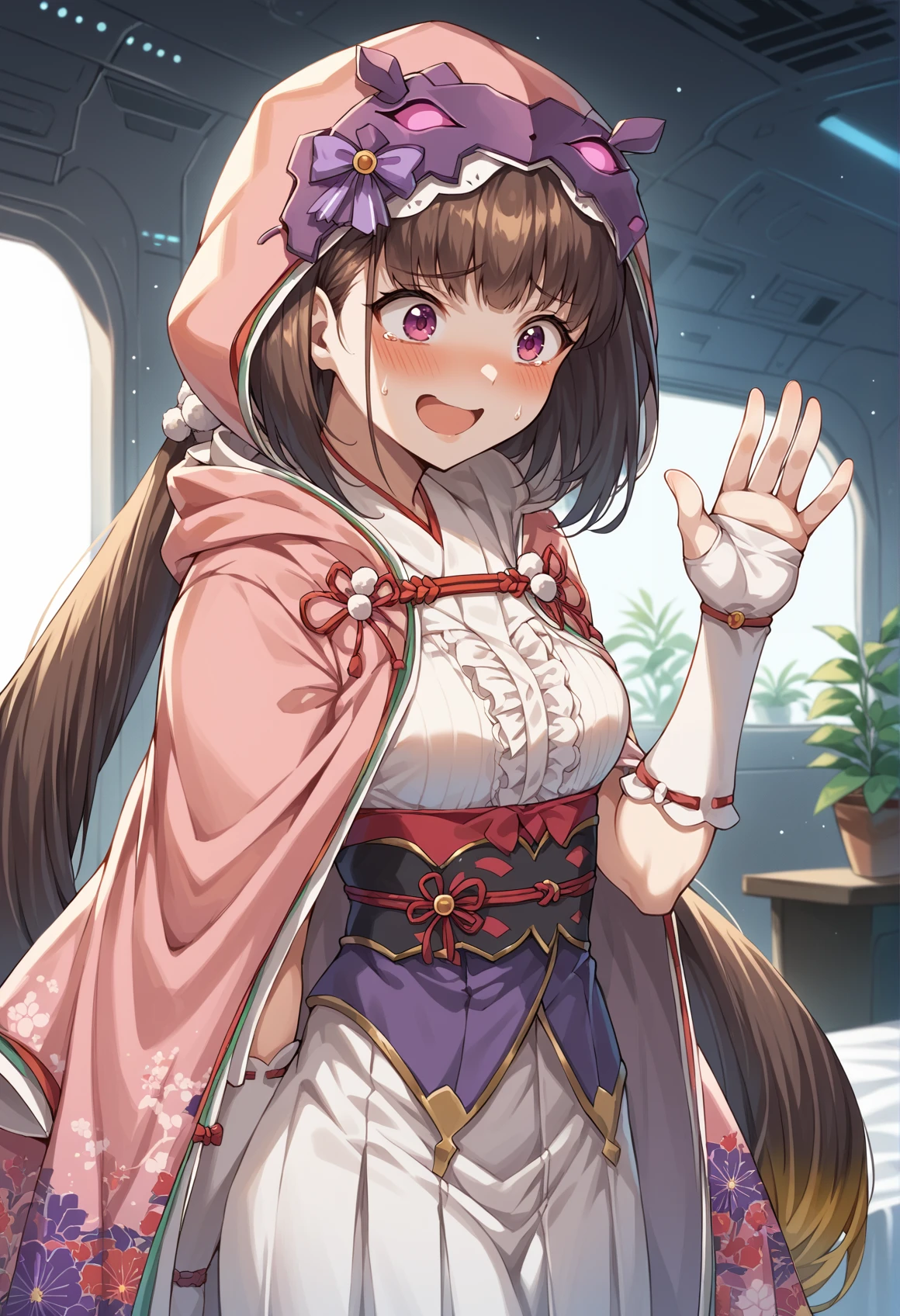 1girl, very long hair, multicolored hair, gradient hair, brown hair, blonde hair, purple eyes, low twintails, hairband, ribbon, cape, blouse, japanese clothes, bridal gauntlets, skirt, indoors, spacecraft interior, plant, bed, white walls, waving, blushing, nervous smile, open mouth, (hood, hood up) <lora:Osakabehime:1>, score_9, score_8_up, score_7_up, score_6_up, score_5_up, score_4_up, BREAK source_anime, masterpiece