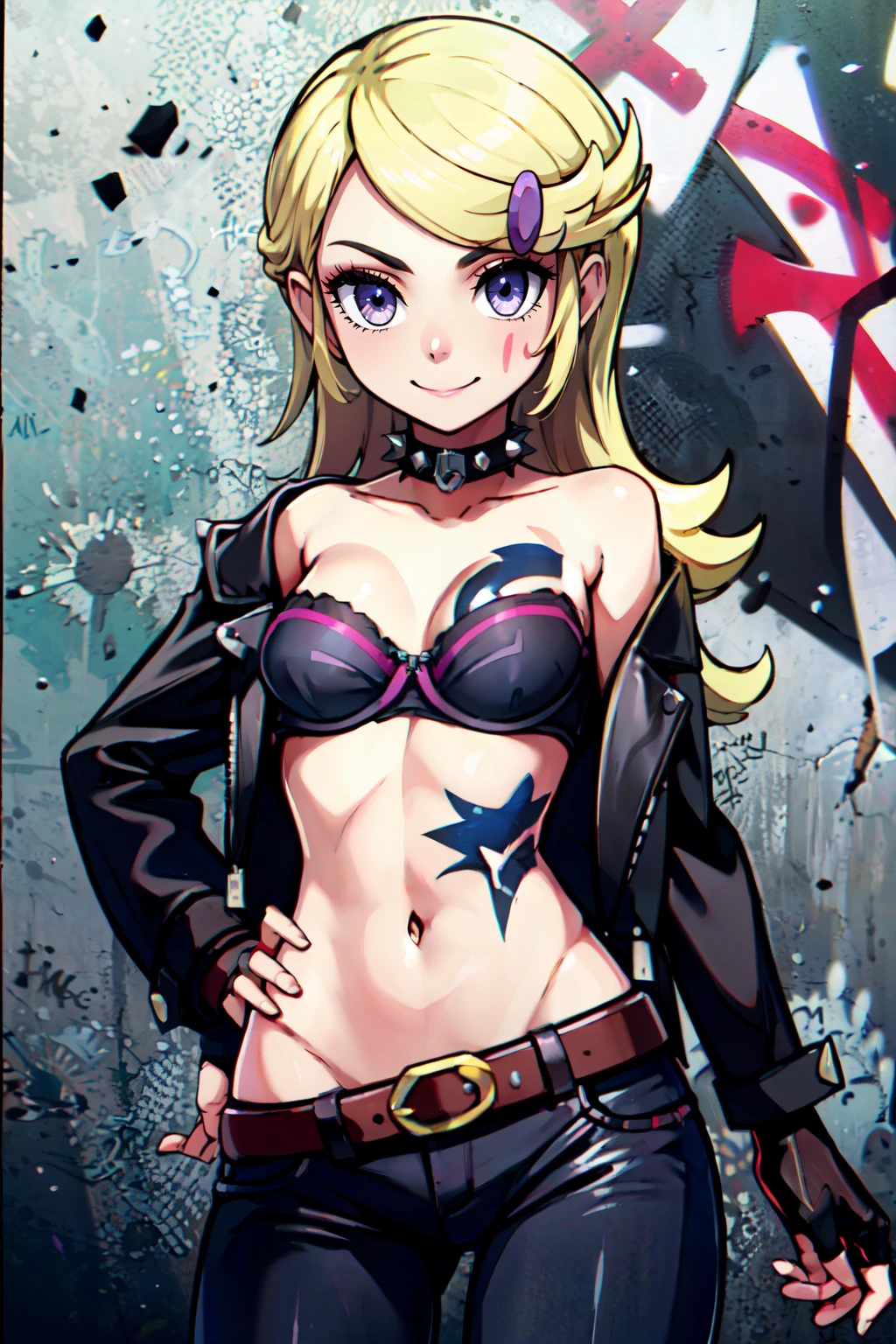 ((masterpiece,best quality)), absurdres,  BREAK,, <lora:Ace_Trainer_Pokemon_XY:0.7>, ace trainer (pokemon), swept bangs, blonde hair, purple eyes, , BREAK, leather jacket, leather pants, strapless bra, black jacket, tight pants, black choker, zipper, fingerless gloves, biker clothes, spikes, unzipped, multiple belts, shiny clothes, high collar, (graffiti:1.2), brick wall,, BREAK, solo, smile, looking at viewer, cowboy shot,