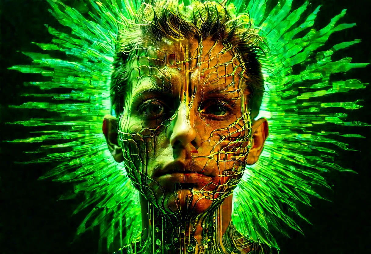 a surreal perfect composition panoramic side-portrait bio-art masterwork, multiple layers intricated in simple circuitery, deepness feeling double exposure of bio-luminescence in face, dystopian, by David Cronenberg, light rays in shadow plays, filmic after-effect,