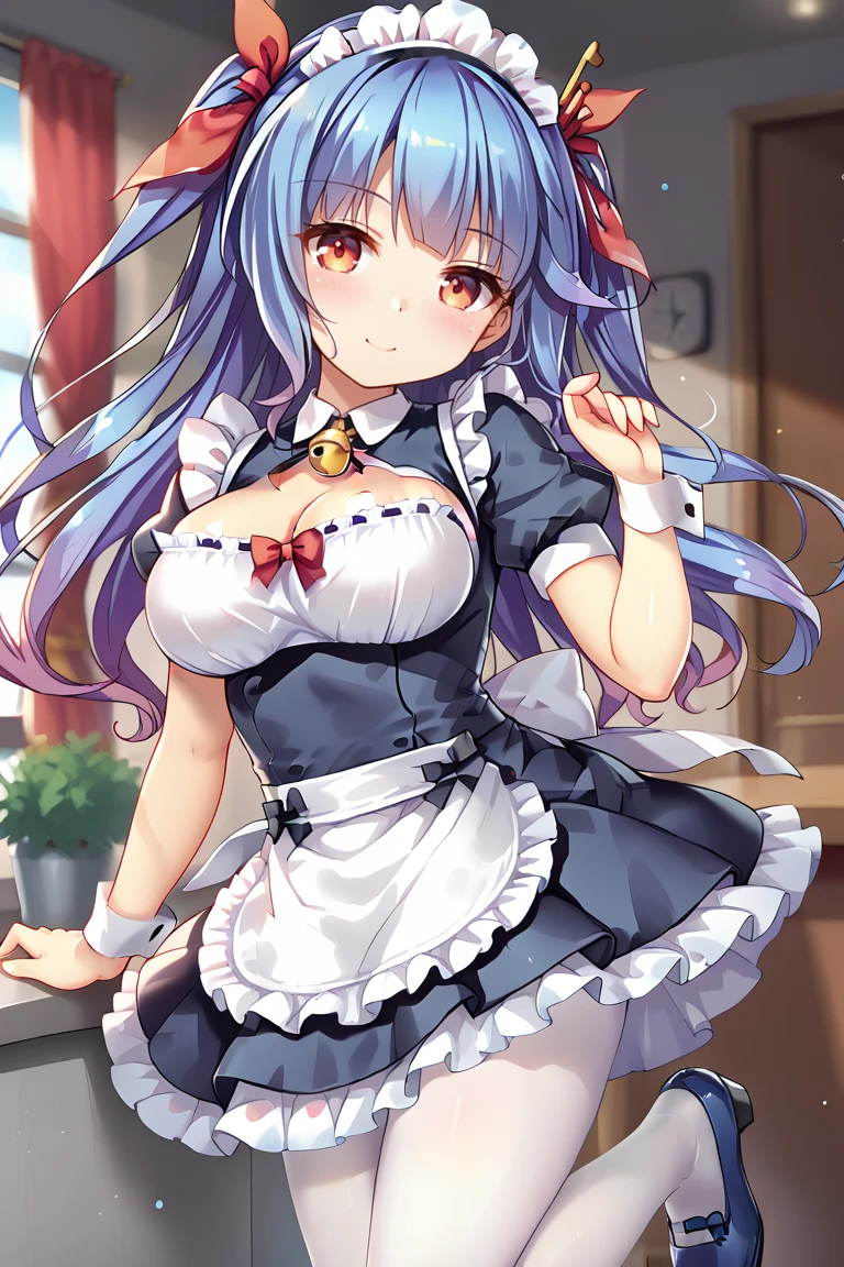 big_breasts,,blushing,,_face,,,,sayo,school_uniform,wavy_hair,
,bow, red bow, ribbon, bell, neck bell, hair ribbon, maid headdress, maid, frills, clothing cutout, cleavage cutout, short sleeves, puffy sleeves, wrist cuffs, puffy short sleeves, apron, waist apron, frilled apron, pantyhose, white pantyhose, white legwear, shoes, high heels, blue footwear,iku,red eyes,(((blue_hair)))<lora:EMS-423640-EMS:0.800000>, <lora:EMS-394748-EMS:1.000000>