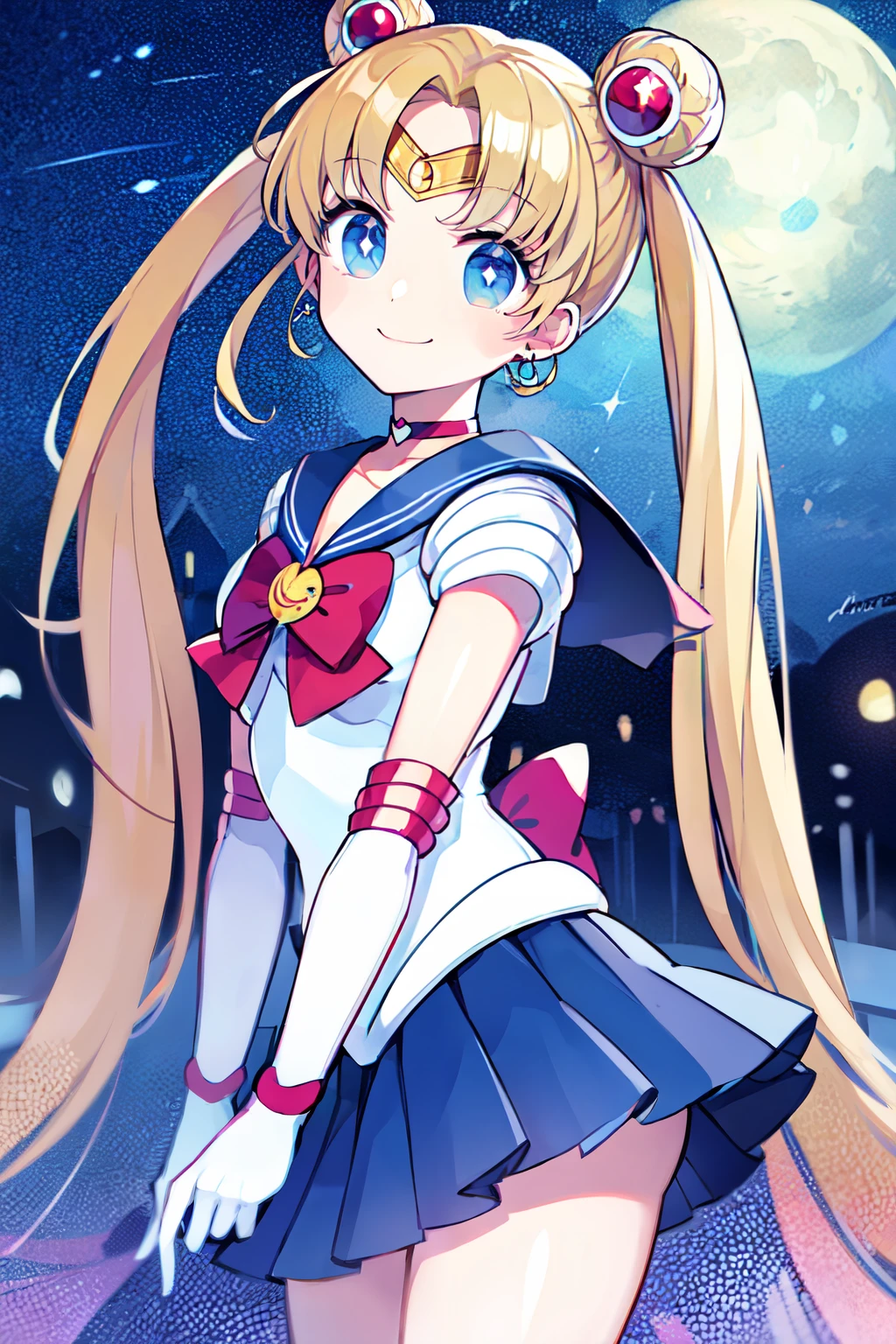 ((masterpiece,best quality)), absurdres, <lora:Chon33v_Style:0.8>, BREAK, , BREAK, <lora:sailor_moon_v1:0.7>, 1girl, blonde hair, aausagi, double bun, twintails, parted bangs, circlet, jewelry, earrings, choker, red bow, white gloves, elbow gloves, blue skirt, night, outdoors, moon,, BREAK, solo, smile, looking at viewer, cowboy shot,