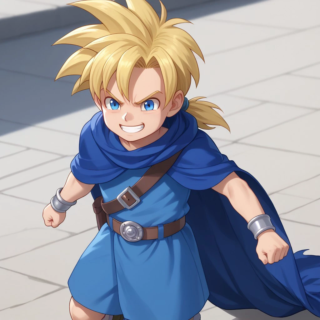 score_8, score_9, BREAK, solo, male child, hs, blonde hair, spiked hair, ponytail, blue eyes, cape, belt, smirk, cute, combat stance, outdoors