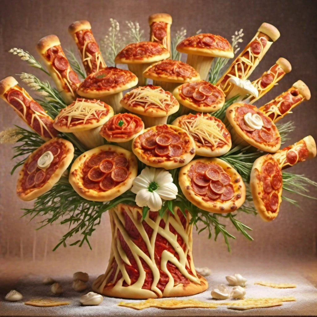 <lora:Pizza_World_Morph_SDXL:1> pizzasdxl,  realistic image of a bouquet of flowers