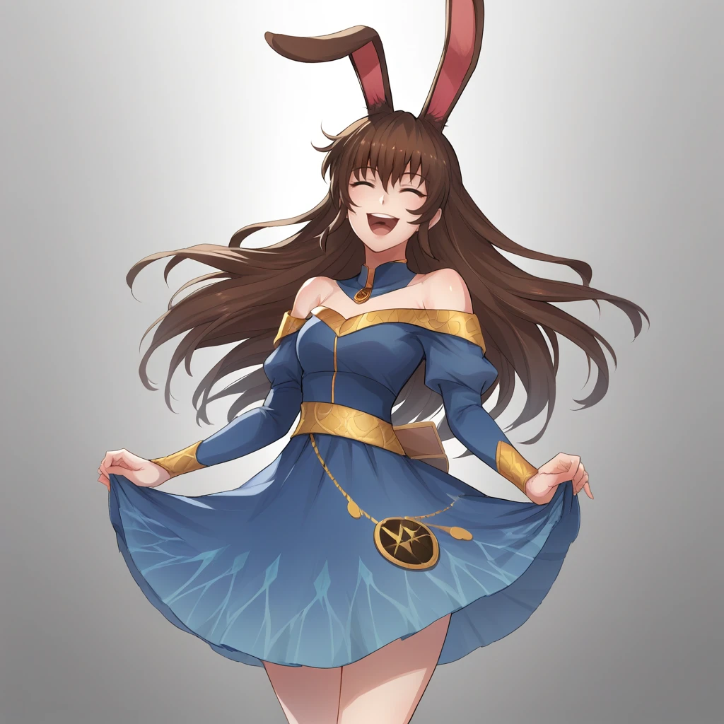 score_9, score_8_up, score_7_up, score_6_up, score_5_up, score_4_up, zPDXL2,1girl, solo, cowboy shot,  <lora:Velvet_Scarlatina_-_RWBY:0.8> velvet_rwby, rabbit ears, brown hair, light blue prom dress, blue layered dress, off shoulder, prom, party, happy, laughing