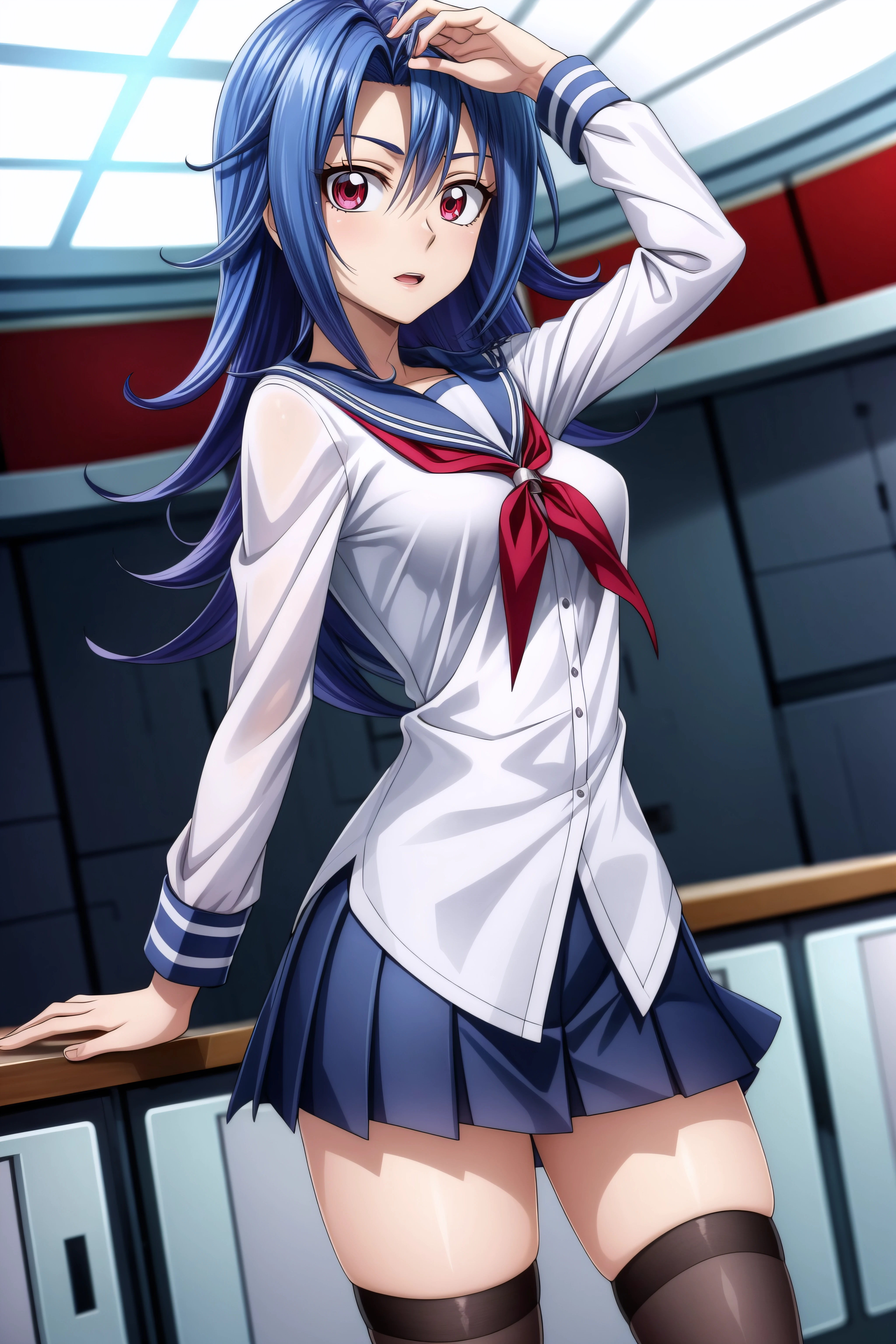 (masterpiece, best quality), <lora:Rio Kamishiro-lora-Faxtron:0.8> rio kamishiro, red eyes, blue hair, long hair, dyed bangs, medium breasts, school uniform, long sleeves, black thighhighs,
<lora:add_detail:0.8>