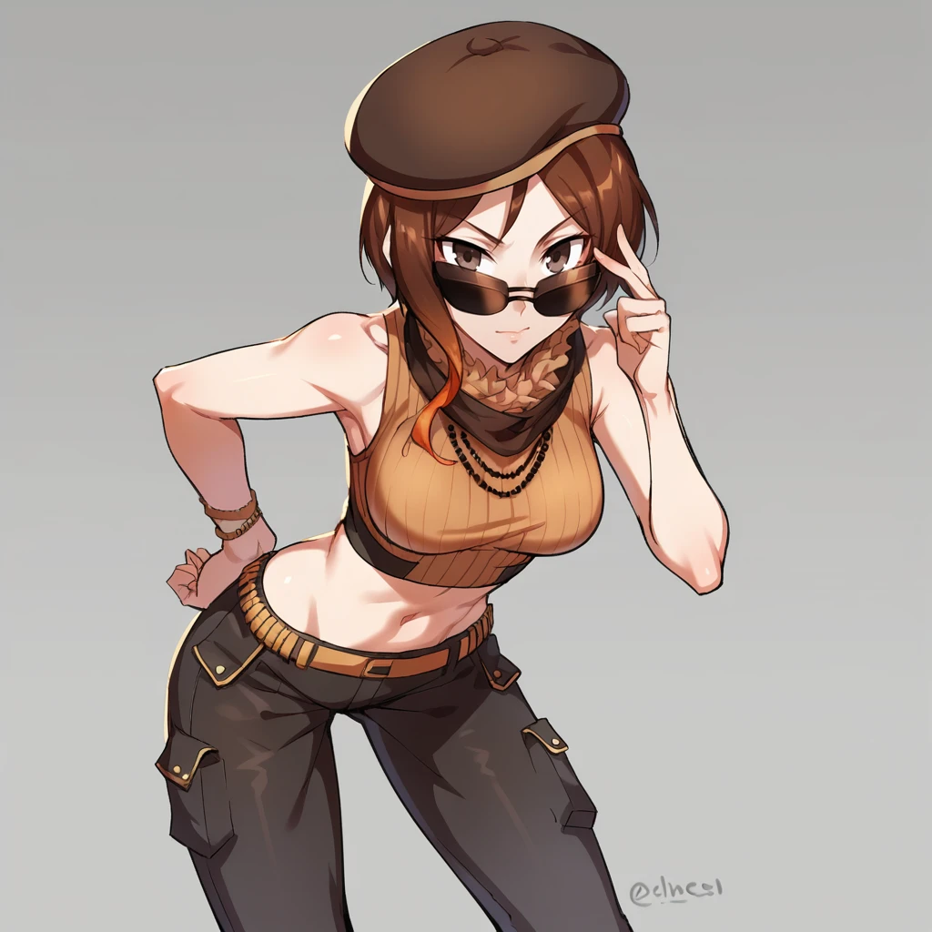 score_9, score_8_up, score_7_up, score_6_up, score_5_up, score_4_up, zPDXL2,1girl, solo, cowboy shot,  <lora:Coco_Adel_-_RWBY:0.8> coco_rwby,  brown hair, sunglasses, brown beret,  leaning forward with curiosity,  holo-metallic wide-leg pants,  techno-lace crop top,   ,,bioluminescent ankle brace ,