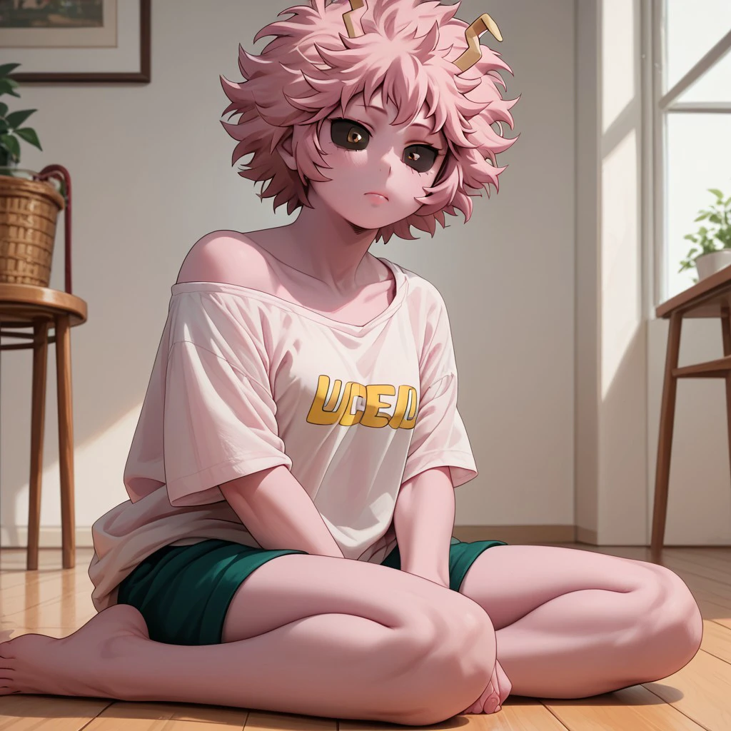 score_9, score_8_up, score_7_up, score_6_up, score_5_up, score_4_up, 1girl, MinaHero, sitting on the floor, barefoot, loose shirt, exposed shoulder, pink hair, pink skin, black sclera