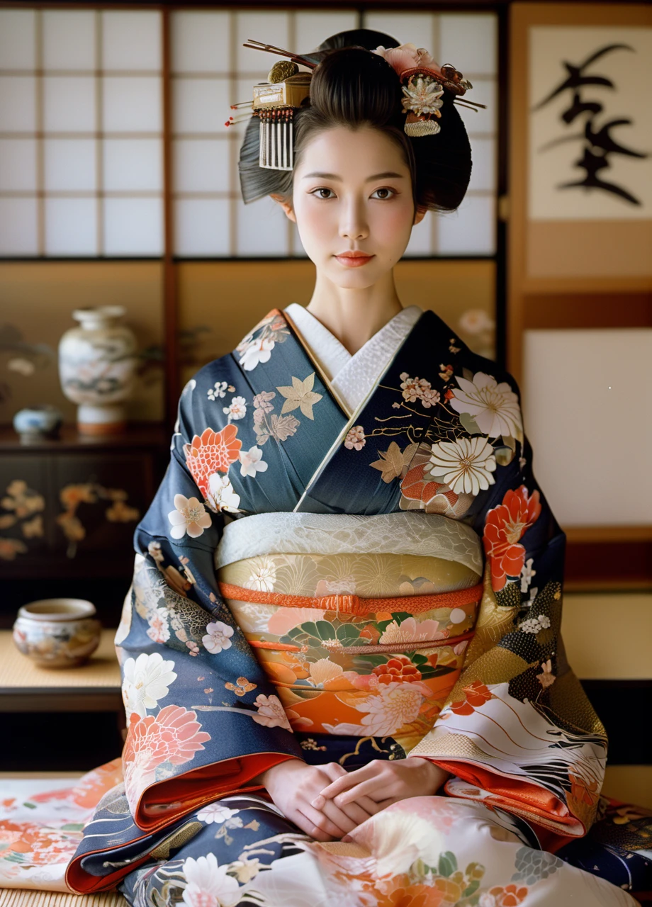 From the front,you can clearly see the female facial features,A close-up portrait of an elegant Japanese woman in a richly decorated kimono,delicate hair ornaments,serene expression,ukiyo-e style,intricate patterns and textures,traditional Japanese room setting,Full length shot,A front view,Look at Camera,medium format film,Fujifilm Pro 400H,epic,powerful,
unity 8k wallpaper,ultra detailed,aesthetic,masterpiece,best quality,photorealistic,dynamic angle,vivid colours,professional,4k,highly detailed,skin detail realistic,ultra realistic,,<lora:Kimono:0.8>