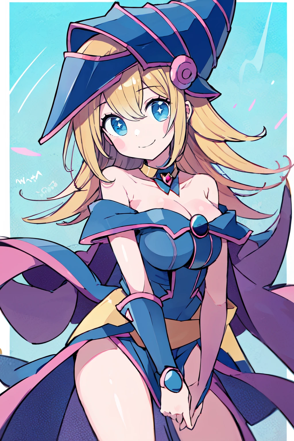 ((masterpiece,best quality)), absurdres,  <lora:Chon33v_Style:0.8>, BREAK, , BREAK, <lora:dark_magician_girl_v1:0.7>, hmdmg1, blonde hair, wizard hat, blush, blush stickers, cleavage, bare shoulders, dress, off shoulder,, BREAK, solo, smile, looking at viewer, cowboy shot,