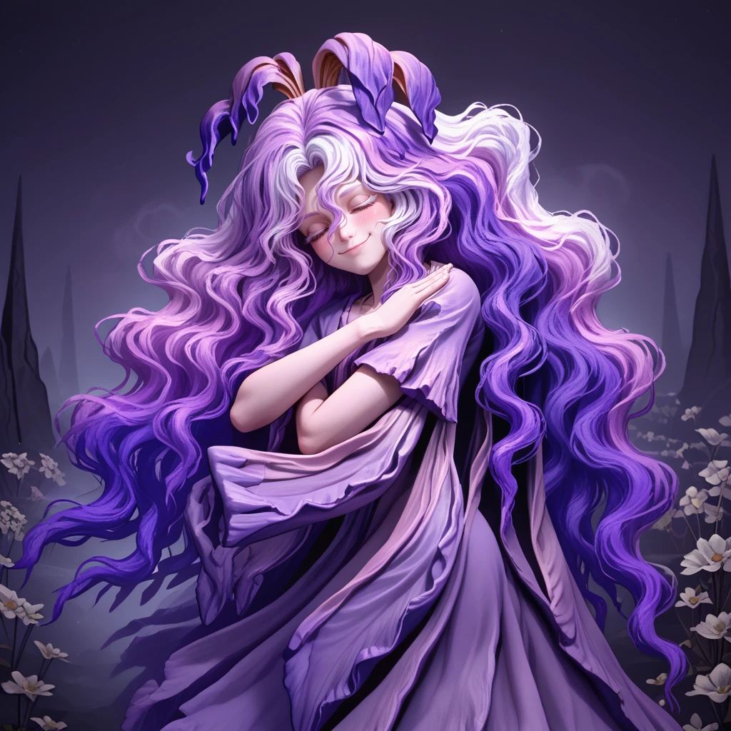 1girl,solo,<lora:St Trina:1>,st. trina,purple tree,monster girl,dryad,white hair,purple hair,multicolored hair,wavy hair,spiral hair,white eyelashes,smile,closed mouth,blush,purple robe,short sleeves,root leg,
cave,white flower,stalagmite,fog,looking at viewer,<lora:EPdab:1>,EPdabbing,outstretched arm,covered face,closed eyes,standing,, score_9, score_8_up, score_7_up,masterpiece, best quality, very aesthetic, absurdres,