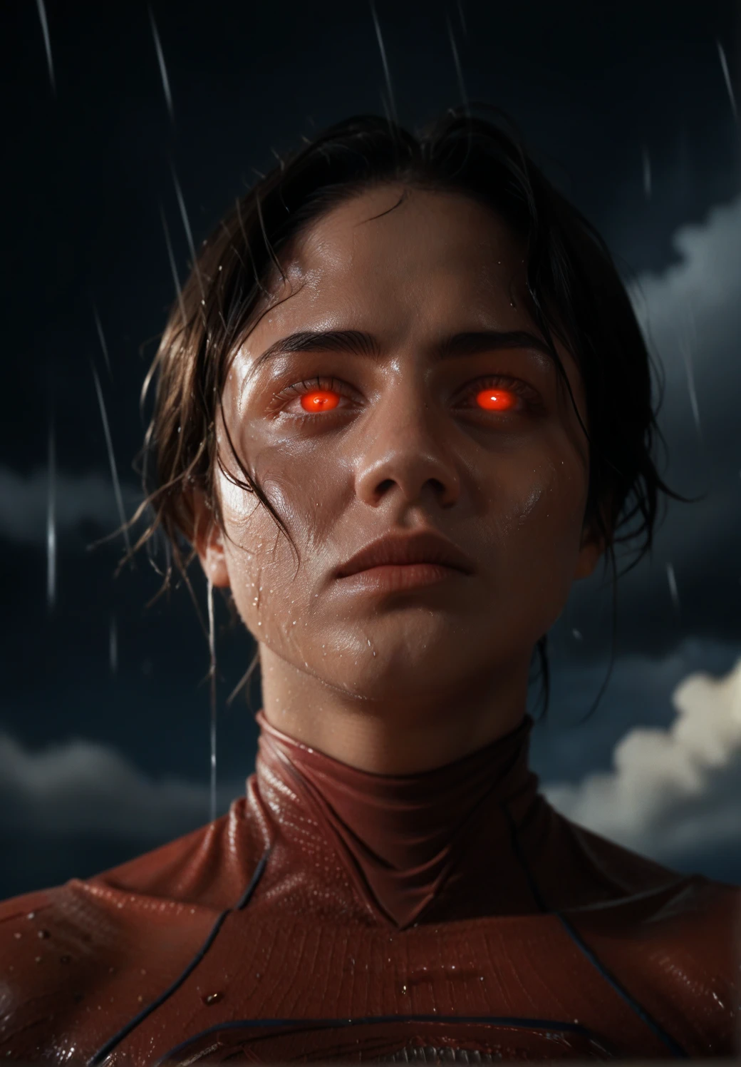 <lora:SupergirlThe_Flash:0.8> sup3rg1rl, 1girl, solo, looking at the viewer, bodysuit, portrait, dark clouds, night, rain, red eyes, (glowing eyes:1.4), wet, wet skin, wet hair, thunder and lightningm, storm, on sky, Dark environment with the only lights coming from the eyes <lora:sinfully_stylish_PONY_0.2:0.5> dramatic lighting, score_9, score_8_up, score_7_up, score_6_up