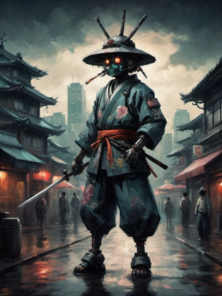 Horror themed Anime style, samurai (robot:1.3), wearing jingasa Japanese hat, full body, brandishing a sword, (dystopian cyberpunk Osaka city:1.5), Samurai Champloo Style, dramatic lighting, trending on art station, Science Fiction, digital art, digital composition <lora:drkkaw-V2_epoch_5:0.3>