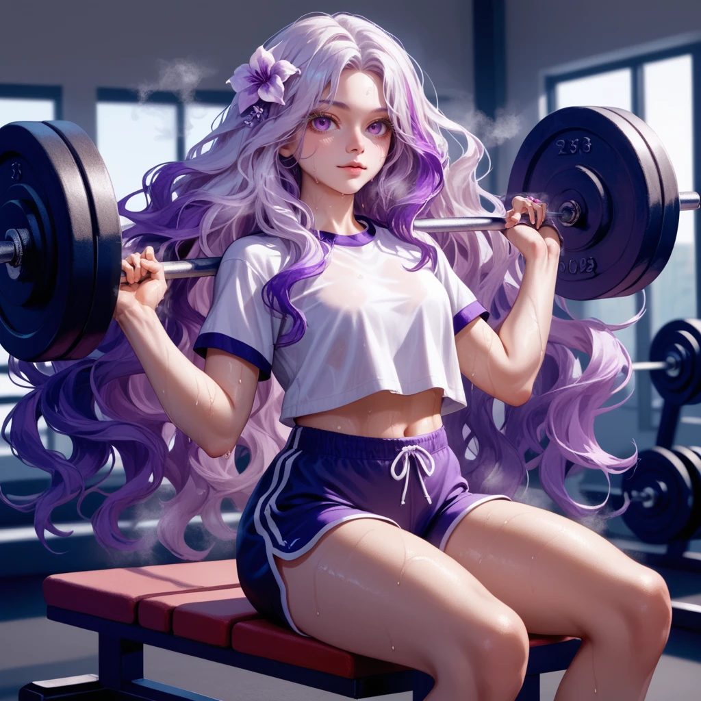 1girl,solo,<lora:St Trina:1>,cowboy shot,st. trina,gym shirt,gym shorts,white hair,purple hair,multicolored hair,wavy hair,white eyelashes,purple eyes,looking at viewer,hair flower,
gym, exercise, sitting on gym bench, weightlifting,sweat,steaming body,heavy breathing,<lora:age_slider_v4:-1>,, score_9, score_8_up, score_7_up,masterpiece, best quality, very aesthetic, absurdres,