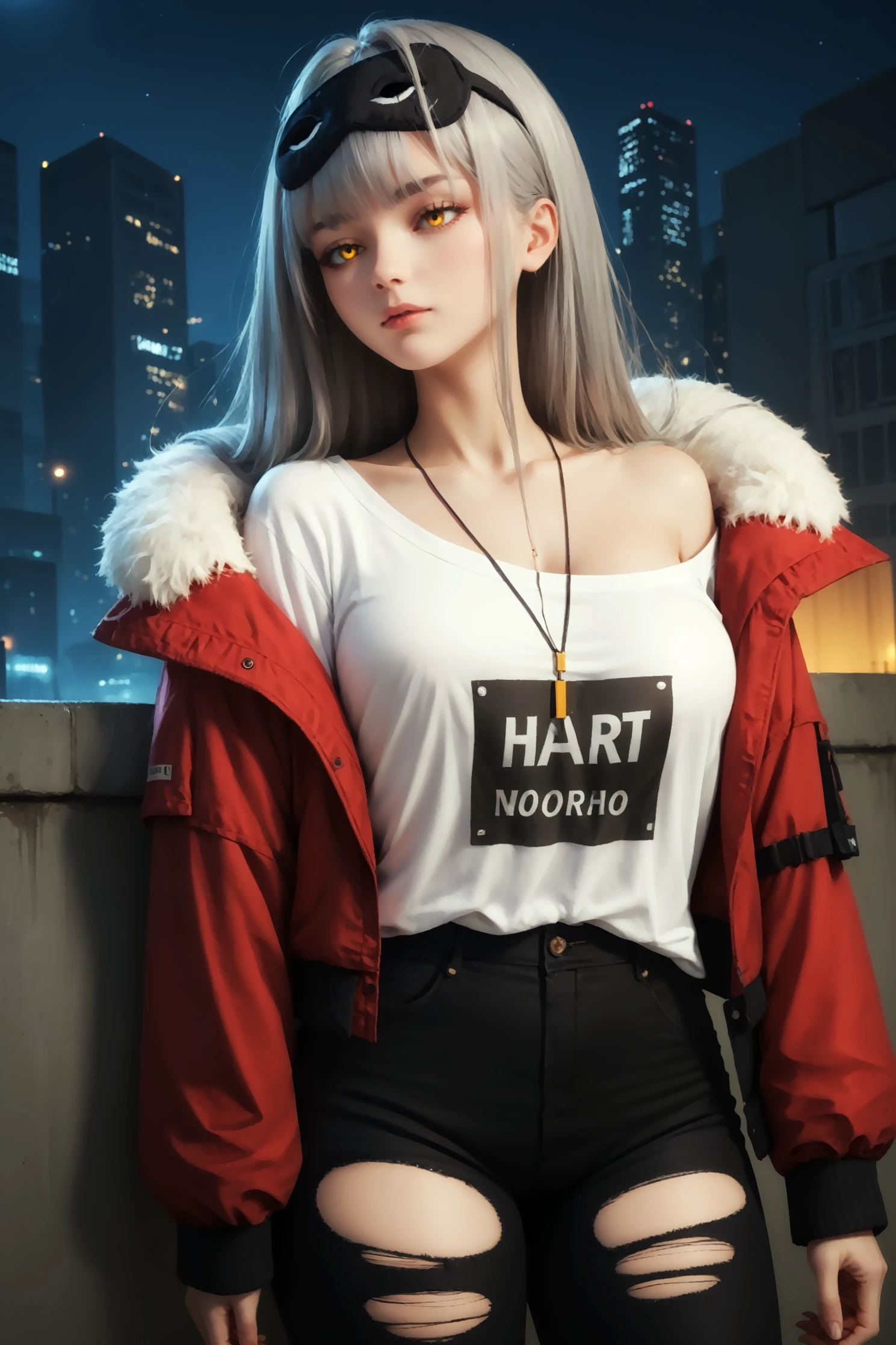 score_9, score_8_up, score_7_up, imtdfrima, 1girl, long hair, red jacket, black pants, grey hair, torn pants, white shirt, large breast, yellow eyes, sleep mask, open jacket, bangs, standing, night, city, long sleeves, rating_questionable
