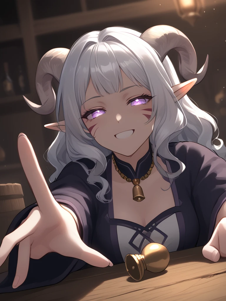 source_furry, score_7_up, rating_safe, cowboy shot, close up, source_anime,anime face,<lora:whisker_markings:0.8>red whisker_markings, silver long wavy hair, tavern, bell necklace, short pointy ears, purple eyes, <lora:age_slider_v4:0.6>
<lora:Tieflingnew weird fantasyDND:0.3><lora:Smooth Style 2 SDXL_LoRA_Pony Diffusion V6 XL:0.3> smile, open eyes, shadow,  magic aura on hand glowing pink:1.4, outstretched hand, 
<lora:Test_Diana:0.6> tiefling_bard_diana, <lora:INKxXmo shaded face:1> Shaded Face:1.2,INKxXmo Dark Theme,