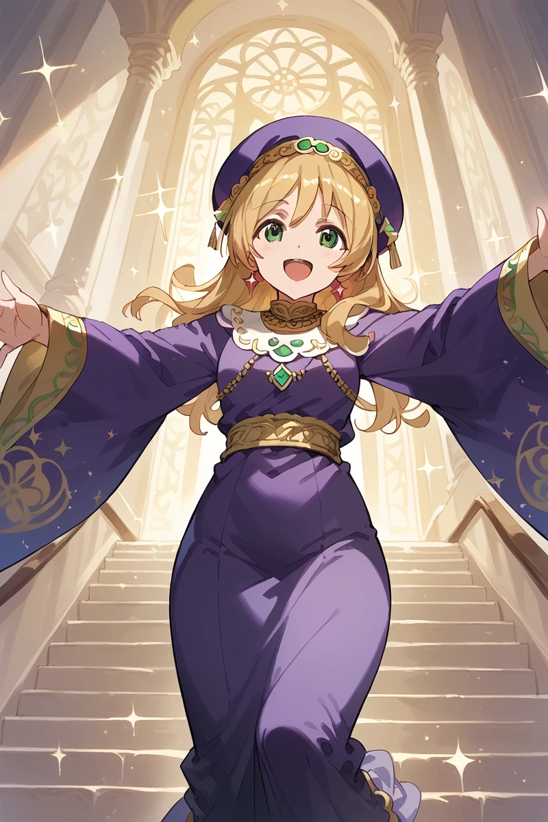 score_9, score_8_up, score_7_up, score_6_up, 1girl,
 <lora:Nana_Daiba:0.9> nana, green eyes, blonde hair, solo, open mouth, purple hat, smile, stairs, outstretched arms, wide sleeves, purple dress, long sleeves, sparkle, :d, long hair, arabian,