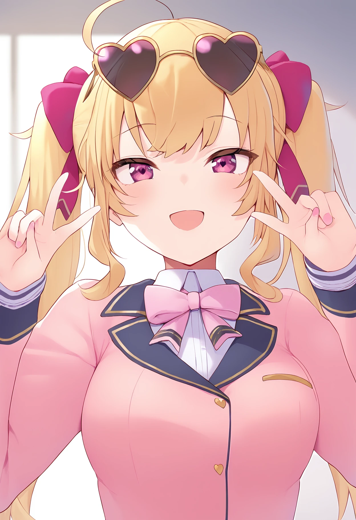 1girl,
takamiya rion,
virtual youtuber, looking at viewer, bowtie, heart, school uniform, w, white shirt, heart-shaped eyewear, pink bow, pink nails, long sleeves, shirt, bow, collared shirt, medium breasts, eyewear on head, sunglasses, double w, hair bow, breasts, blue skirt, jacket, blonde hair, smile, pink eyes, hands up, open mouth, solo, twintails, ahoge, skirt, :d, pink jacket,
score_9, sfw
<lora:pony_char_takamiya_rion-000012:1>