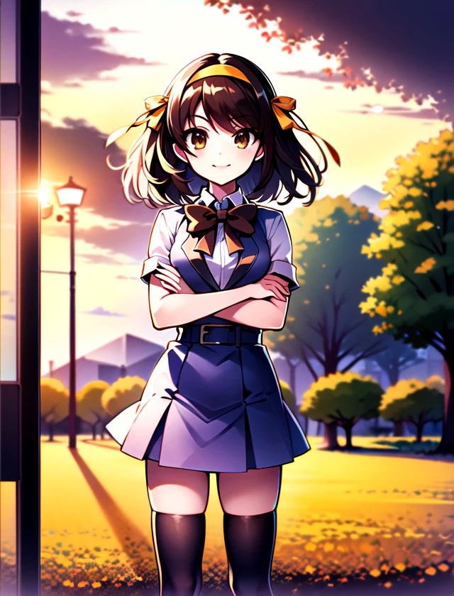 Haruhi Suzumiya, solo, standing, outside, 1girl   <lora:Haruhi-Suzumiya:1>