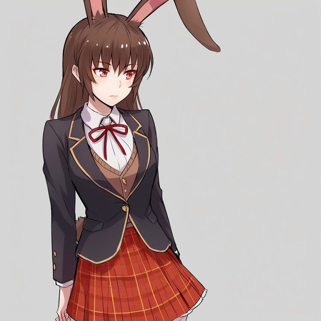 score_9, score_8_up, score_7_up, score_6_up, score_5_up, score_4_up, zPDXL2,1girl, solo, cowboy shot,  <lora:Velvet_Scarlatina_-_RWBY:0.8> velvet_rwby, rabbit ears, brown hair, rabbit tail,school uniform, red plaid skirt, black blazer, white shirt,