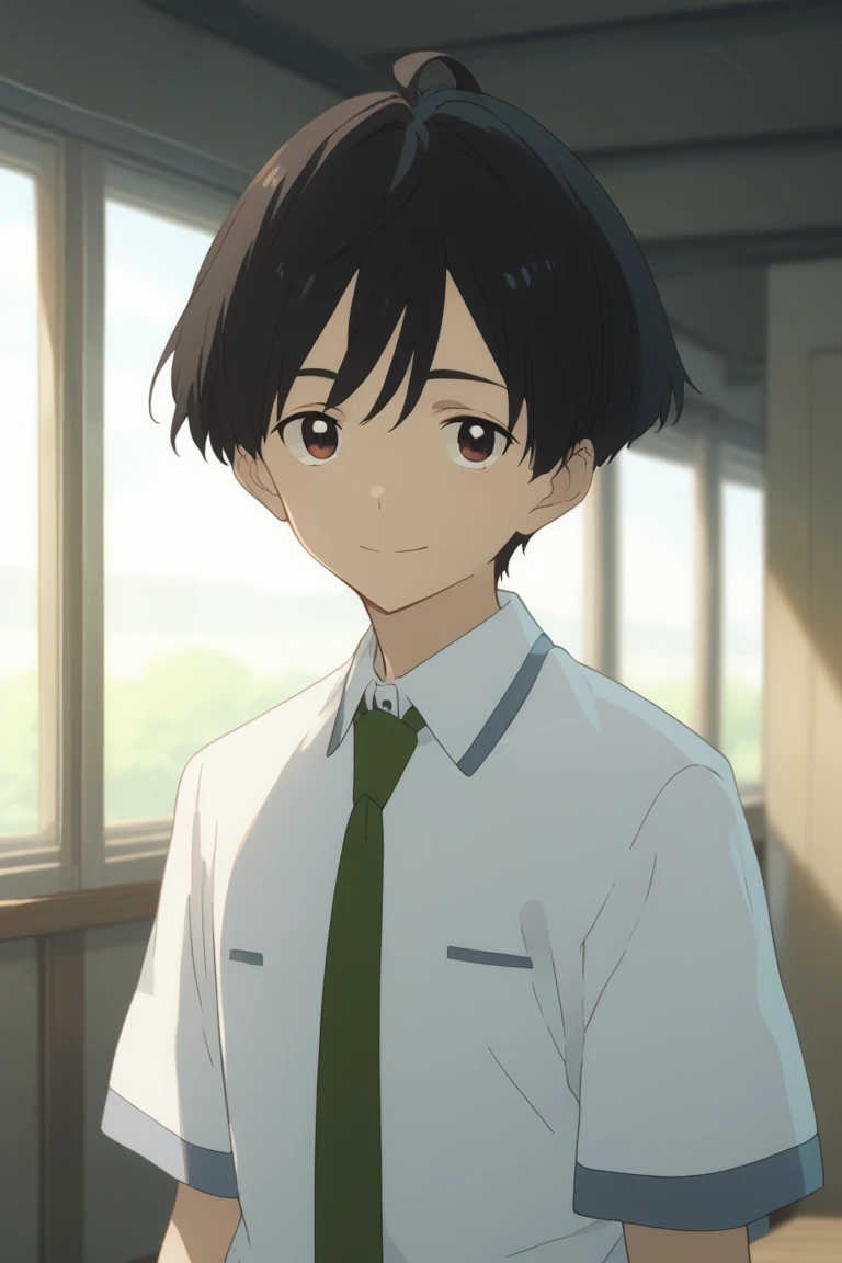 score_9, score_8_up, score_7_up, score_6_up, detailed, intricate details,best quality ,source_anime, cowboy shot, male focus
kazuhiko nukumizu, black hair, brown eyes, 1boy, male focus, solo, smile, necktie, shirt, collared shirt, white shirt, looking at viewer, blurry, school uniform, green necktie, indoors, anime coloring, closed mouth, upper body, short hair, portrait, wide smile<lora:EMS-425199-EMS:1.000000>