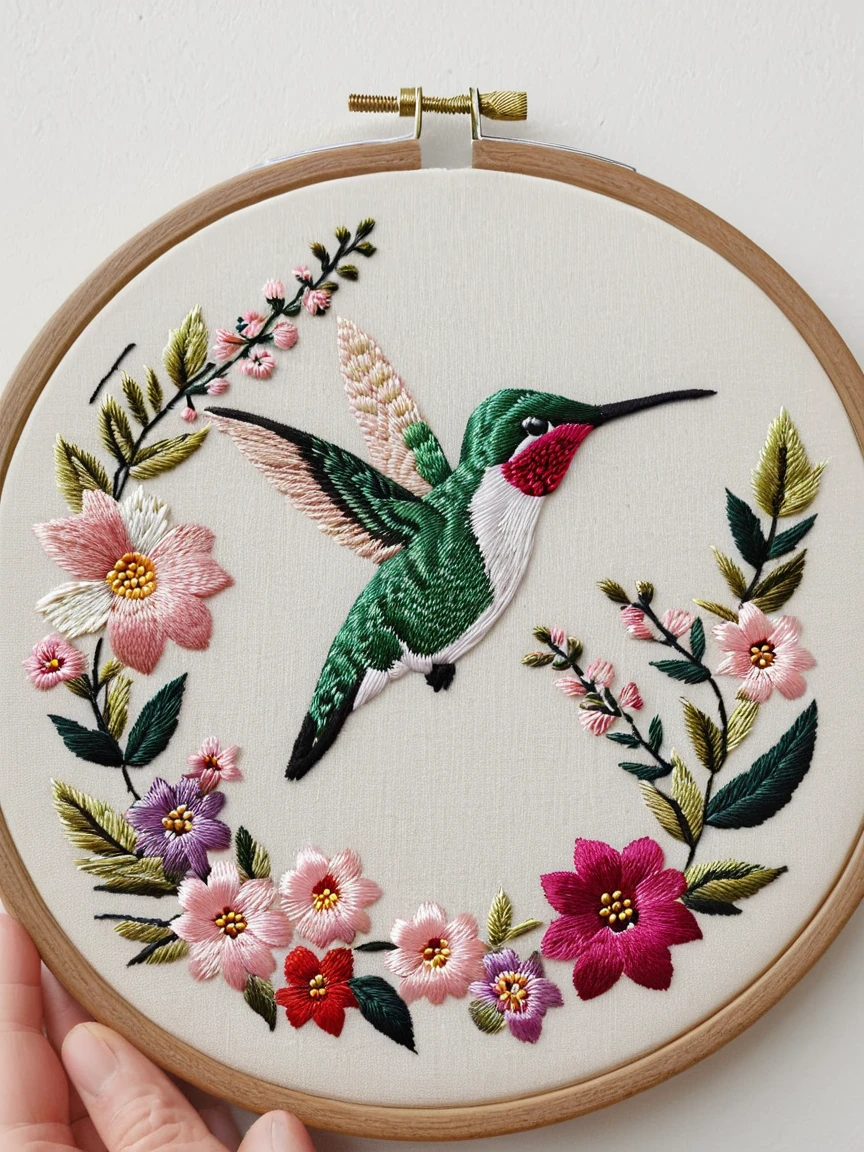 <lora:EmbroideryXL:1> hummingbird embroidery, flower