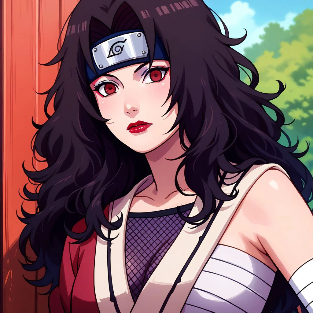 score_9, score_8_up, score_7_up, score_6_up, score_5_up, score_4_up, 1girl, slim, fit, realistic, beautiful eyes, kurenai, (/Naruto)/, (ultra HD quality details),  black hair, wavy hair, long hair, (red eyes), lipstick, makeup, forehead protector, konohagakure symbol, white dress, Sarashi, single sleeve, fishnet top, shorts, bandages, bandaged arm, mouth opened, hiding, focusing on colorful beetle, portrait, face focus, upper body,