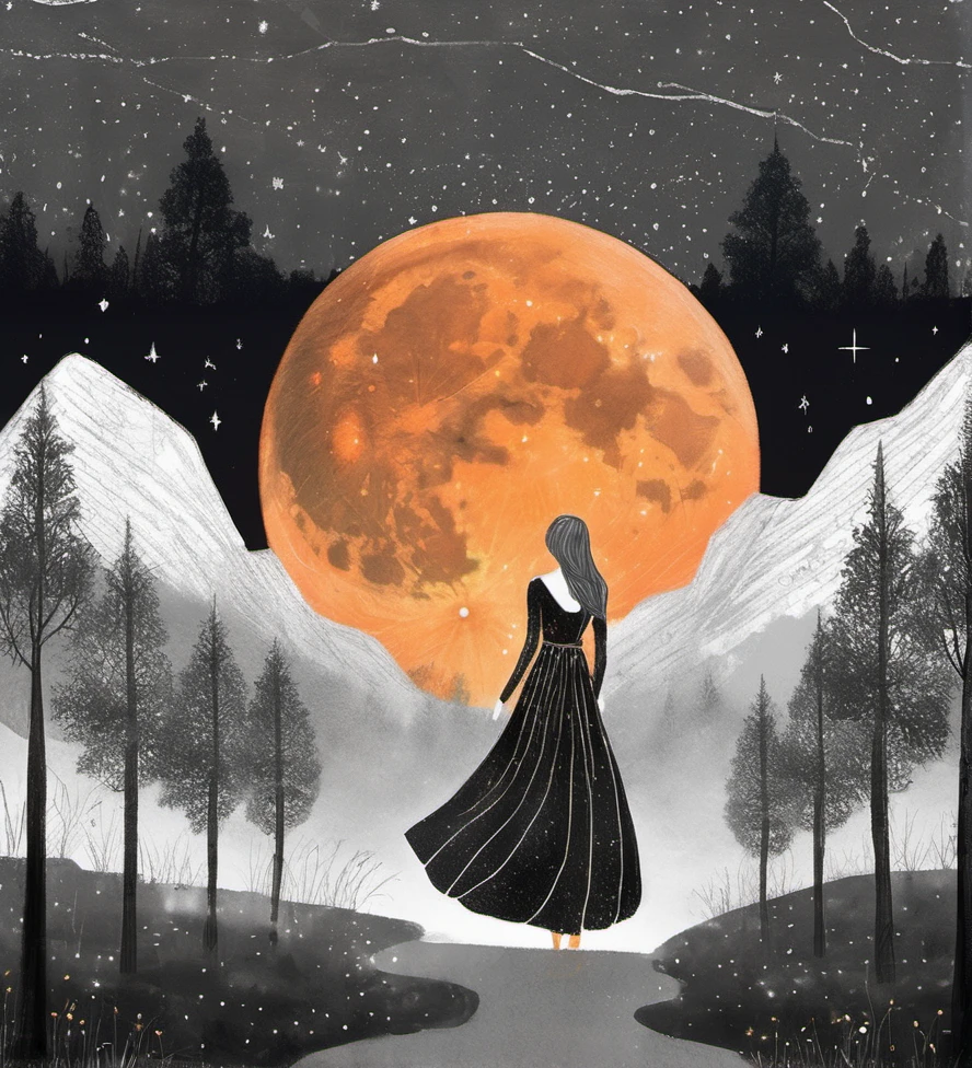 illustration,woman,night,dark sky,large orange moon,mountains,trees,surreal,celestial,dreamy,artistic,forest,glowing,atmospheric,solitude,grayscale with orange,standing figure,long dress,starry night,ethereal,nature,nightscape,serene,whimsical,fantasy,landscape,mystical,cosmic,hand-drawn,textured background,imaginative,peaceful.,<lora:æ²»æ-000008:0.4>,