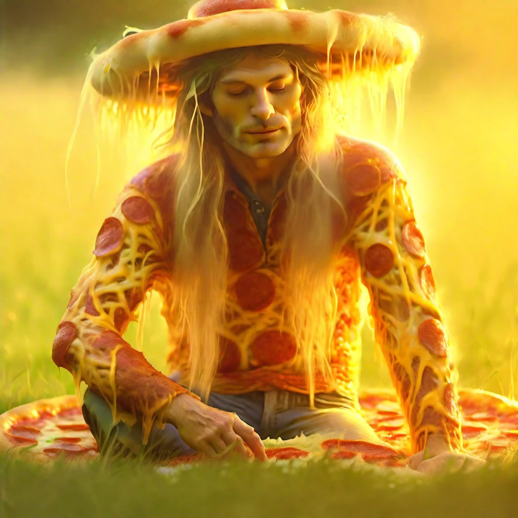 <lora:Pizza_World_Morph_SDXL:1> pizzasdxl,  Masterpiece, detailed, beautiful, oil painting, 1 man, solo, cowboyshot, soft sunlight, serene expression, ethereal aura, flowing locks, floral headband,   gentle smile,  fingers tracing patterns in the air,  bare feet grazing over grass, eyes closed in peaceful contemplation