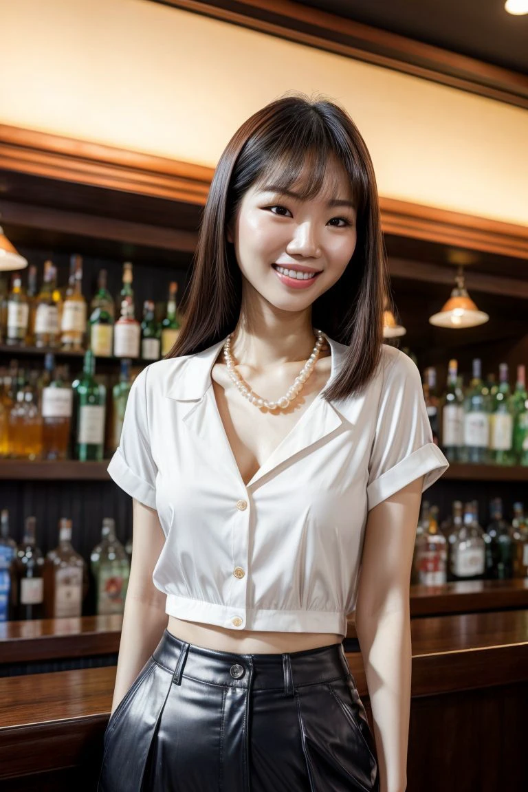 A 20-year-old woman with a very cute face like a -yeld idSmiling Kindly　(((Whole body)))　(((Full body portrait)))　(The outfit is two-piece)　Medium Bust　Cleavage　A crowded and stylish wine bar at night　Cinema lighting　(Natural light)　Artistic　High level of artistry　RAW Photos　Genuine　High quality that is indistinguishable from real life　Real Stick　High resolution