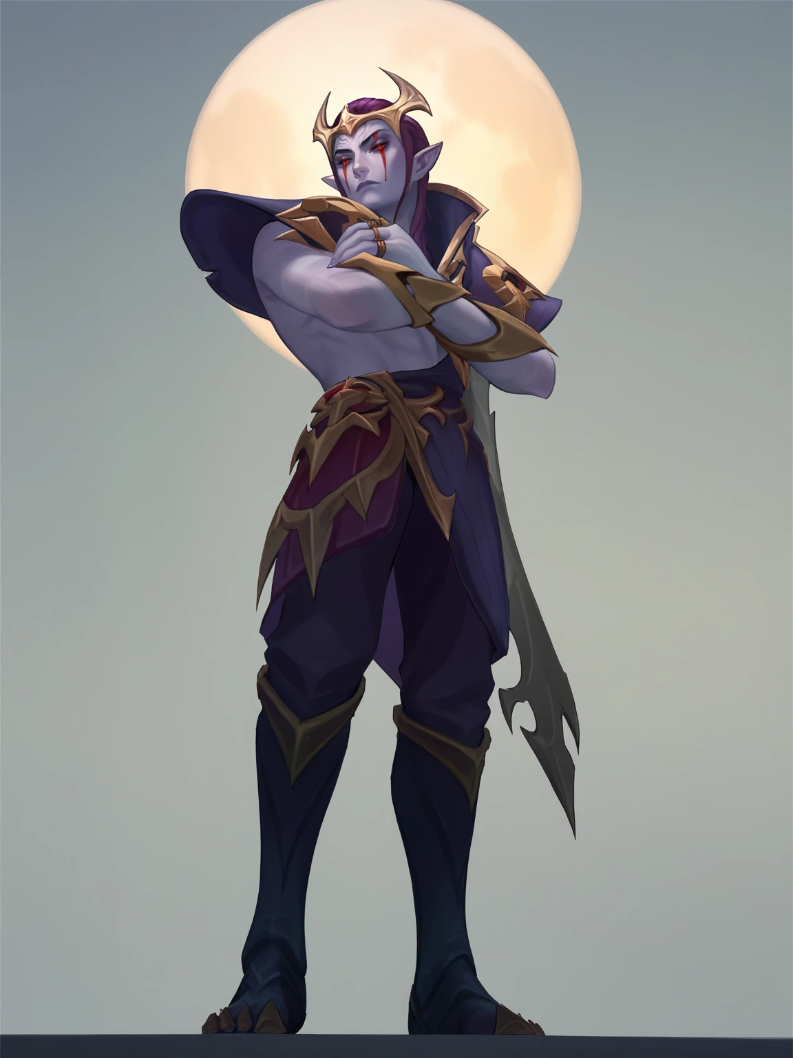 score_9, score_8_up, score_7_up, BREAK, ApheliosNB, 1man, solo, purple hair, golden horned crown, red marks under eyes, purple robe with golden armor, two scarfs on shoulders, golden bracer, golden rings, dark pants, dark boots, crossed hands on his chest, arrogant look, from below view, blood moon, dark theme <lora:ApheliosNB:1>