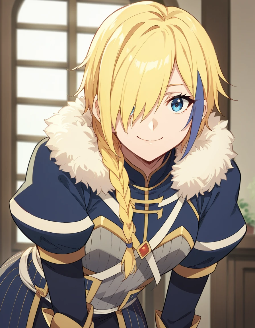 score_9, score_8_up, score_7_up, source_anime, <lora:konosuba-claire-s3-ponyxl-lora-nochekaiser:1>, claire, blue eyes, blonde hair, braid, multicolored hair, hair over one eye, single braid, armor, puffy sleeves, fur trim,, indoors, bent over, smile, looking at viewer, solo,, cowboy shot, dutch angle
