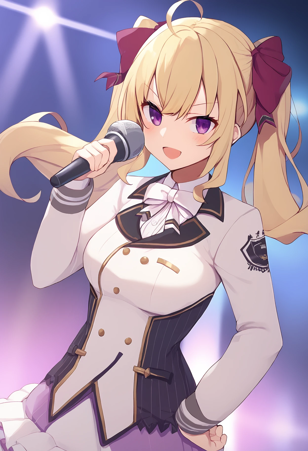 1girl, 
takamiya rion,  
virtual youtuber, looking at viewer, hair between eyes, twintails, cowboy shot, frills, holding, bow, purple eyes, long sleeves, medium breasts, long hair, shirt, school uniform, open mouth, frilled skirt, holding microphone, smile, ahoge, jacket, skirt, blonde hair, microphone, breasts, v-shaped eyebrows, pleated skirt, hair bow, solo, ribbon, neck ribbon, hand on own hip, red ribbon, white shirt, blush, 
score_9,  sfw
 <lora:pony_char_takamiya_rion-000012:1>