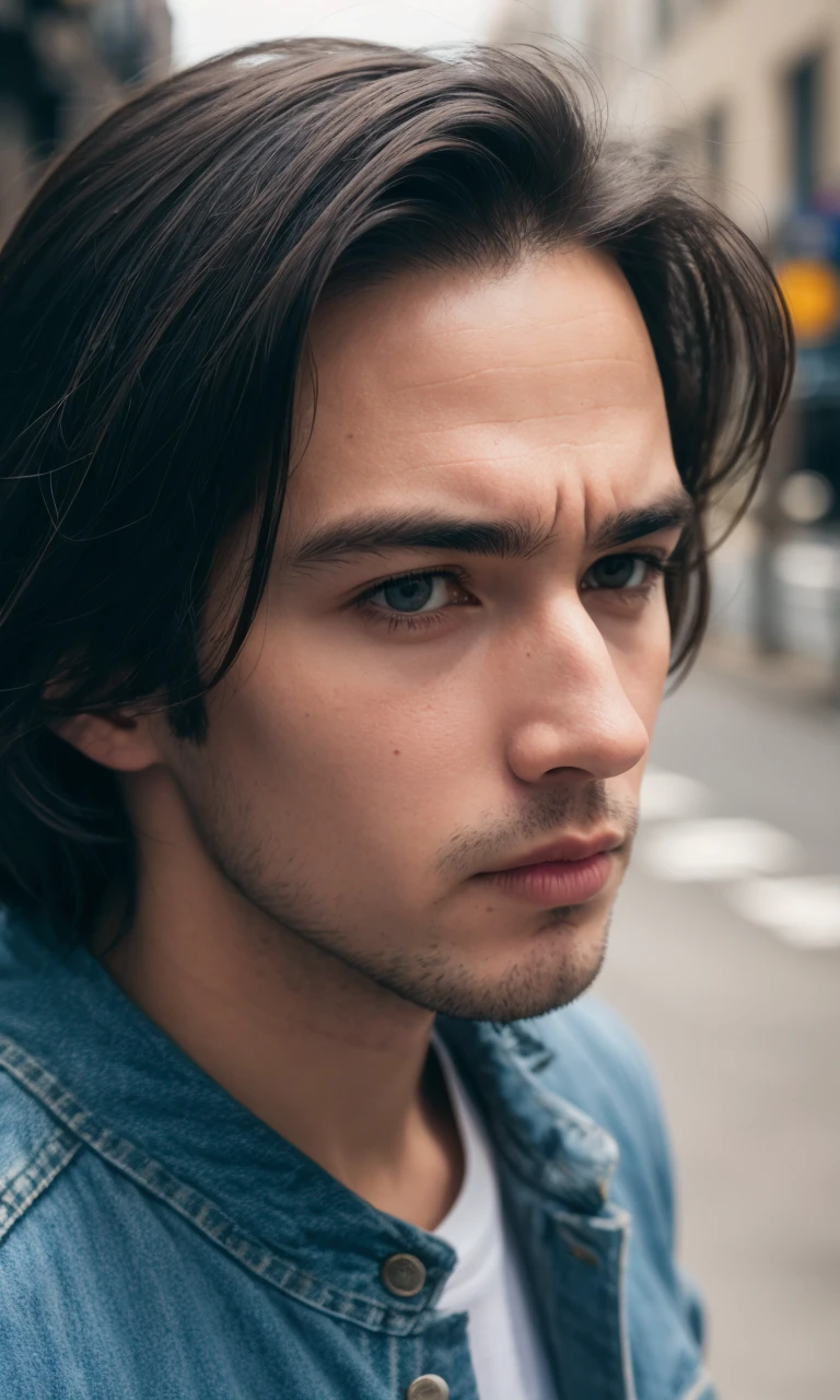 Photographic perspective, close-up of a handsome man in a city street, wearing a denim jacket, with a serious expression,