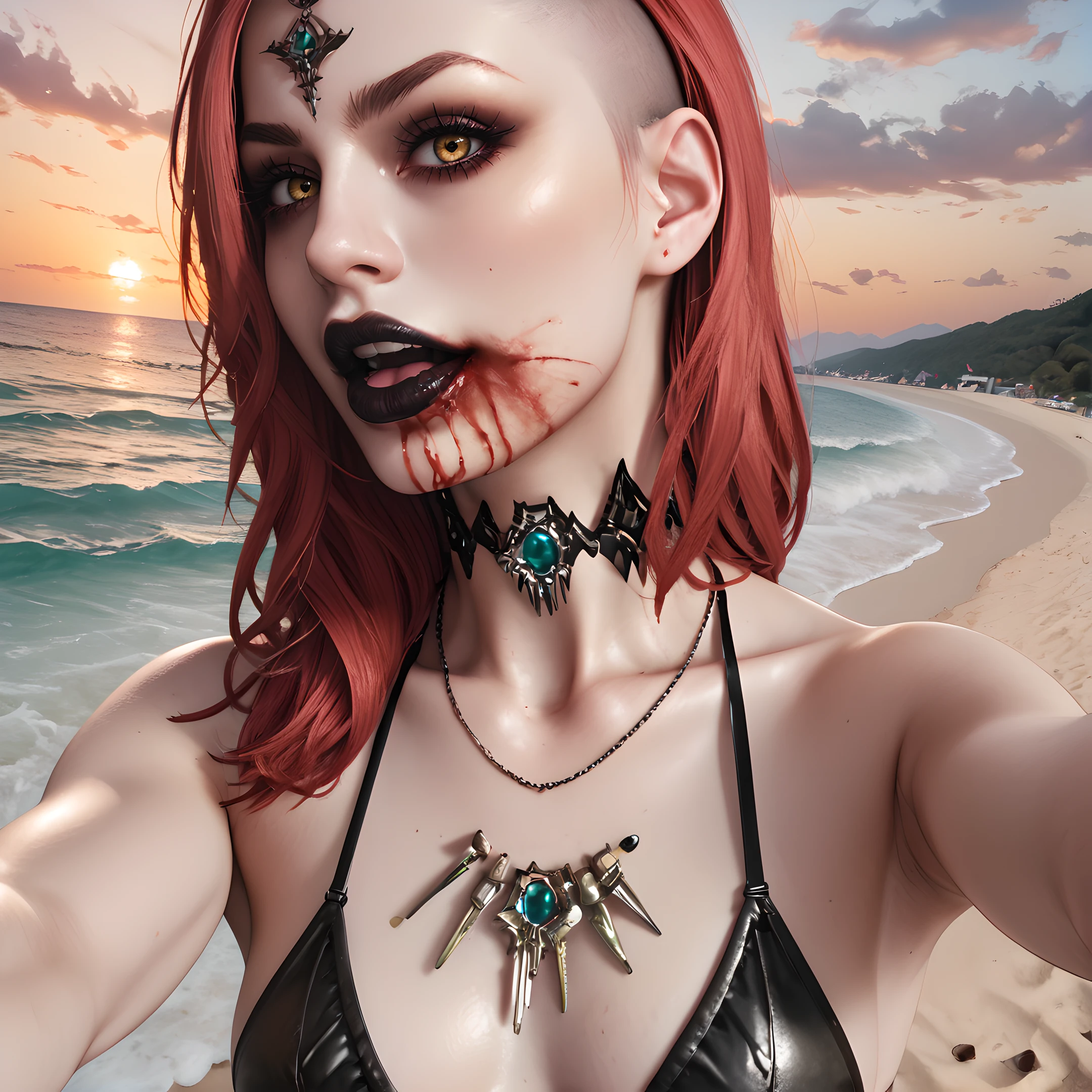 daniela, solo, 1girl, jewelry, necklace, black lips, looking at viewer, long hair, blood, choker, red hair, yellow eyes, bloody mouth, <lora:Daniela_Dimitrescu_-_Resident_Evil_Village:0.9>
BREAK
level_9, level_8_up, level_7_up, level_6_up, level_5_up, source_cartoon, masterpiece 
BREAK
outdoor, beach, ocean, water, sunset, selfie, bikini, navel, small chest, side cut, teeth, tongue