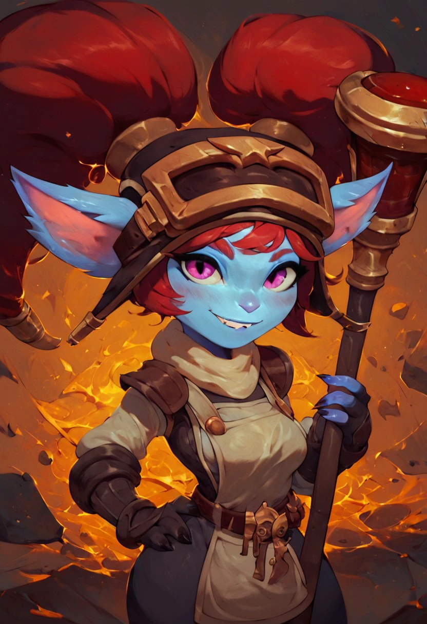 score_9, score_8_up, score_7_up, score_6_up, ultra quality, 1girl, BPoppy, Yordle, shortstack, blue skin, twin tails, red hair, pink eyes, blacksmith hat, goggles, work apron, breasts, upper body, holding hammer, smiling, looking at viewer, molten metal, 4k, hi res