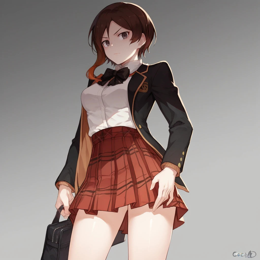 score_9, score_8_up, score_7_up, score_6_up, score_5_up, score_4_up, zPDXL2,1girl, solo, cowboy shot,  <lora:Coco_Adel_-_RWBY:0.8>coco_rwby, brown hair, school uniform, red plaid skirt, black blazer, white shirt,