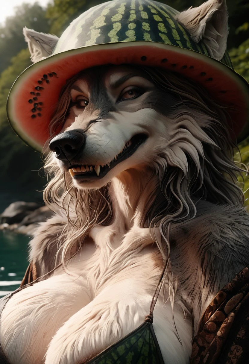 melonhelm, 1girl, wolf woman wearing watermelon hat, huge furry breasts, portrait, biting lip, seductive look, holding watermelons