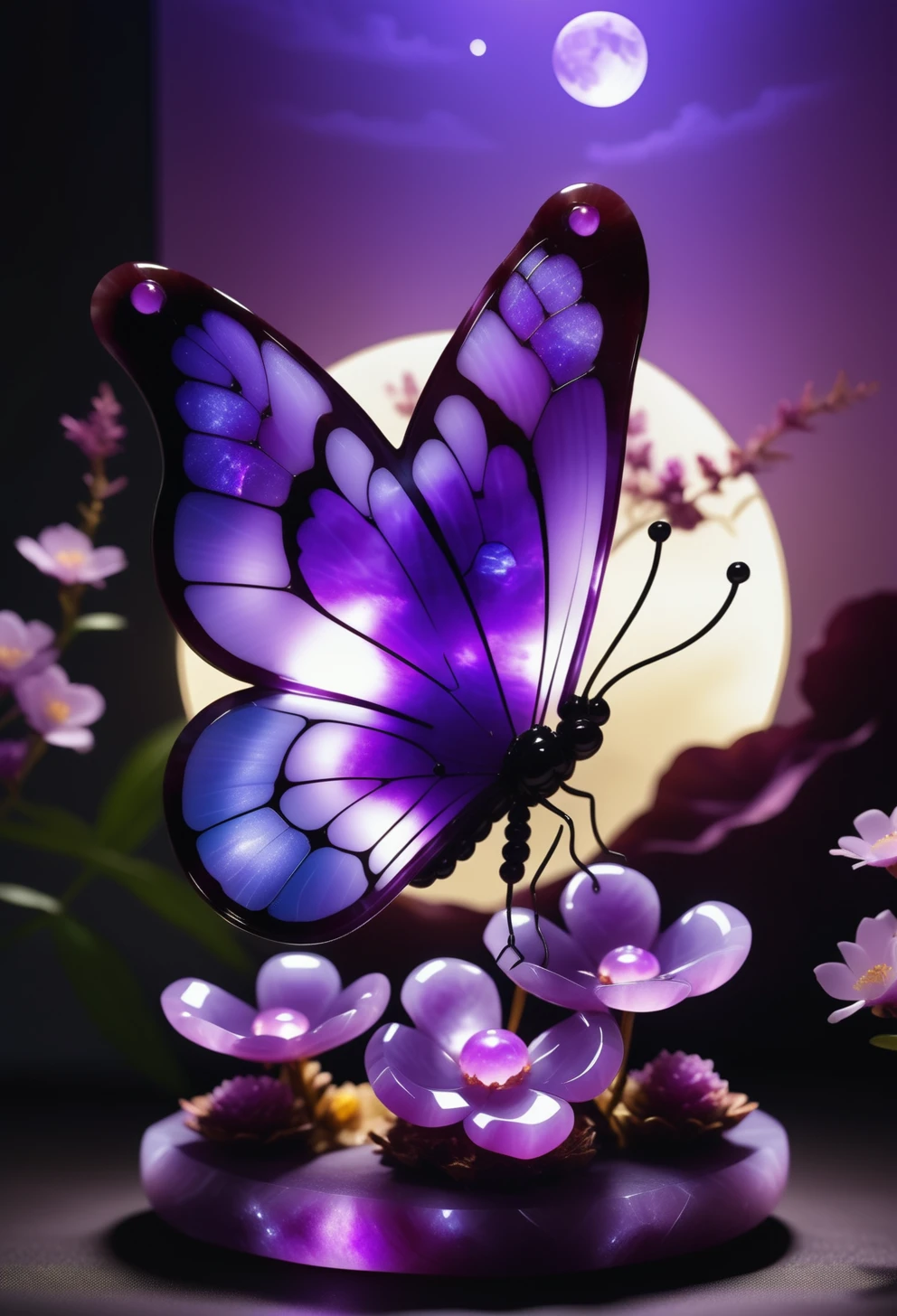 1 butterfly made out of reij-prplmnjd <lora:purplemoonjade-000004:1>, sitting on a flower,magical moonlight scenery, cinematic scenery